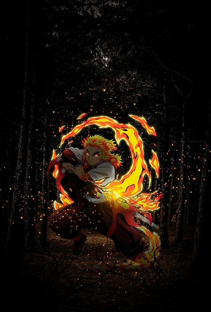 Rengoku Aesthetic 桌布 壁紙 — 一位火熱的動漫戰士在黑暗的森林中揮砍，周圍有發光的橙色火焰和火花飛舞。