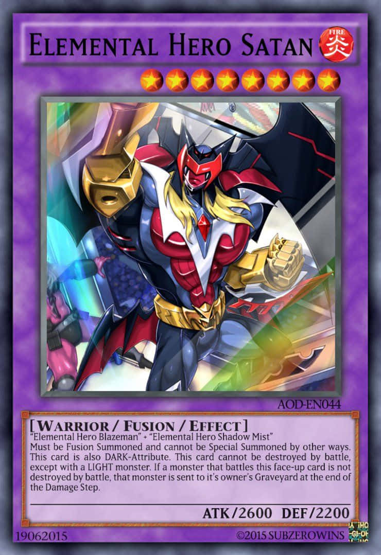 Yugioh Elemental Hero 桌布 壁紙 — 一位火紅與金色裝甲的動漫英雄，金髮，在發光的抽象背景前動態站立。
