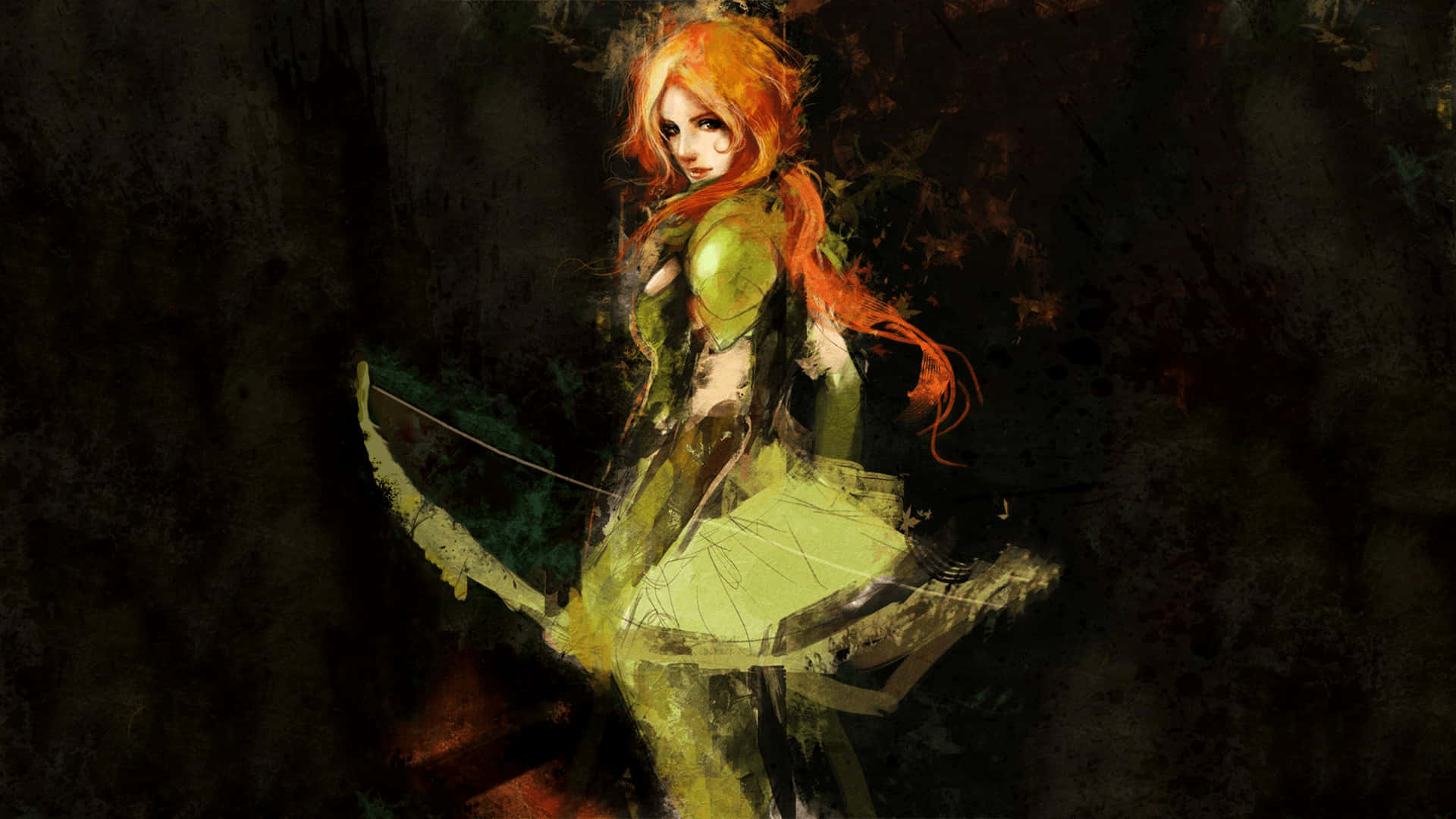 Windranger 桌布 壁紙 — 一位火紅頭髮、身穿綠色盔甲的弓箭手，在深色紋理背景前拉弓待發。