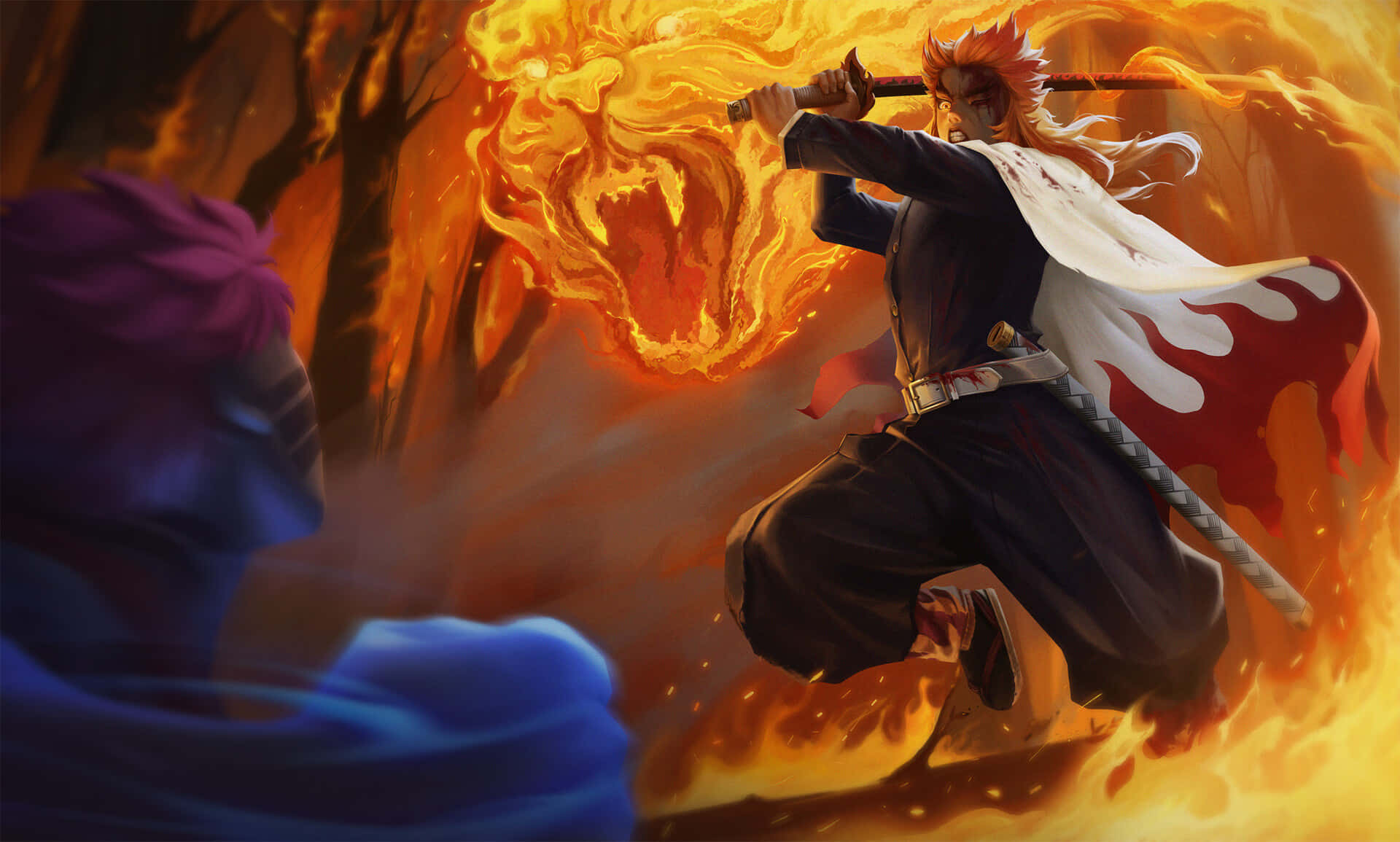 Rengoku Vs Akaza 桌布 壁紙 — 一位火紅頭髮的劍士身穿黑白鎧甲，在激烈的動畫戰鬥中劈開熊熊火焰，對抗一位身穿紫色長袍的對手。