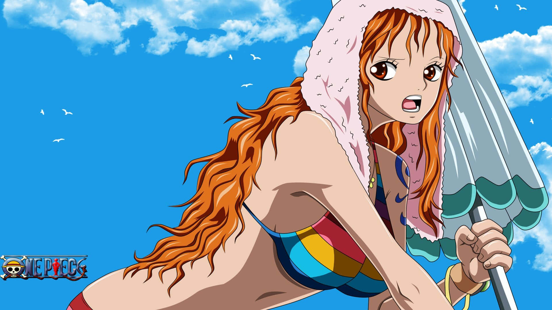 One Piece Characters 桌布 壁紙 — 一位火紅頭髮的動漫女孩穿著彩虹比基尼，在藍天白雲和海鷗的背景下撐著傘。