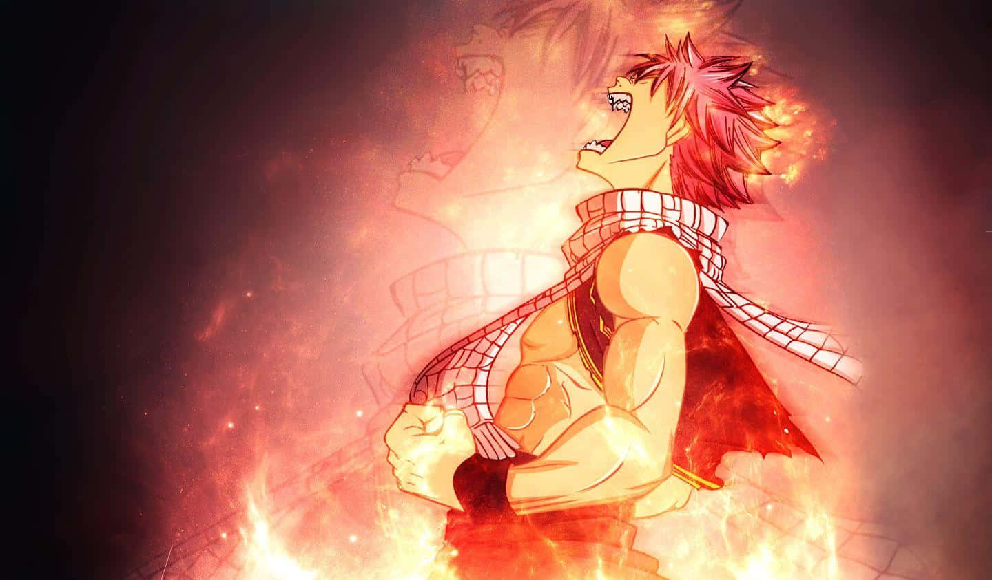 natsu dragneel 桌布 壁紙 — 一位火紅頭髮的動漫戰士，戴著格仔圍巾，站在熾熱的火焰中，表情堅定。