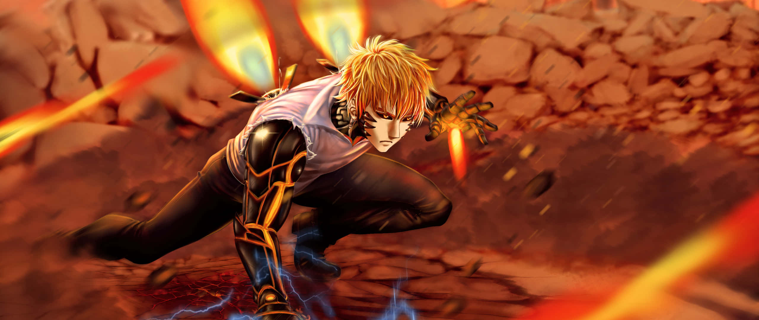 Genos 桌布 壁紙 — 一位火紅頭髮的動漫戰士，身穿黑金盔甲，在龜裂的大地背景下向前猛衝，拳頭爆發出熾熱的能量衝擊波。