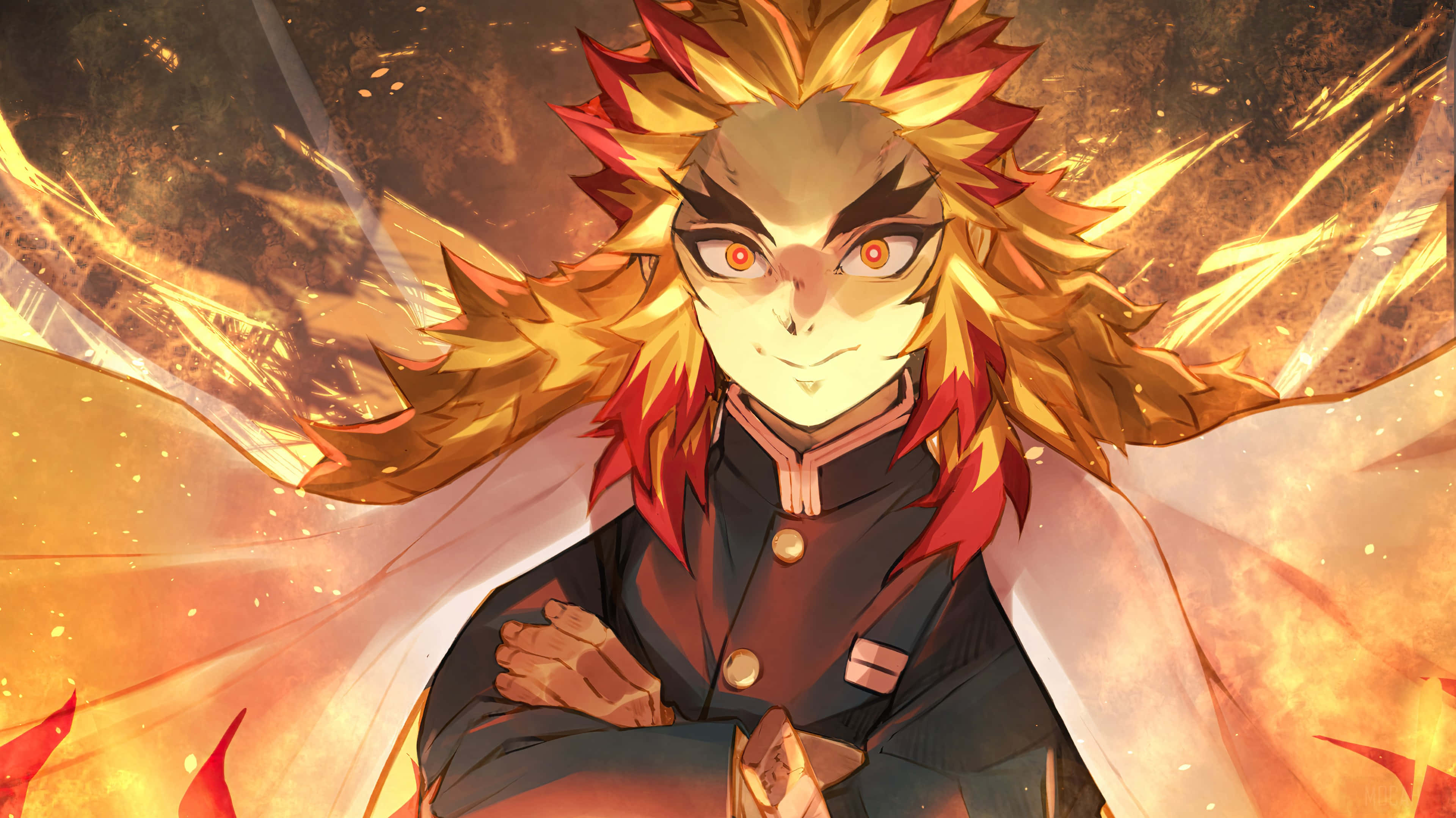 Flame Hashira 桌布 壁紙 — 一位火紅頭髮的動漫戰士，閃爍著紅色眼睛，自信地站在熾熱的金色背景前。