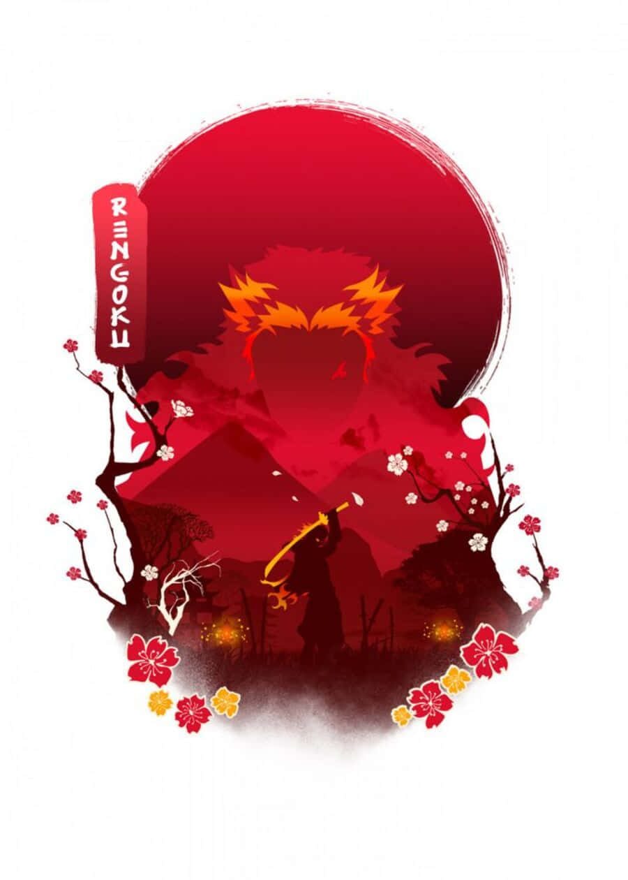 Rengoku Minimalist 桌布 壁紙 — 一位火紅頭髮的動漫戰士在巨大的紅日襯托下形成剪影，櫻花點綴著場景。