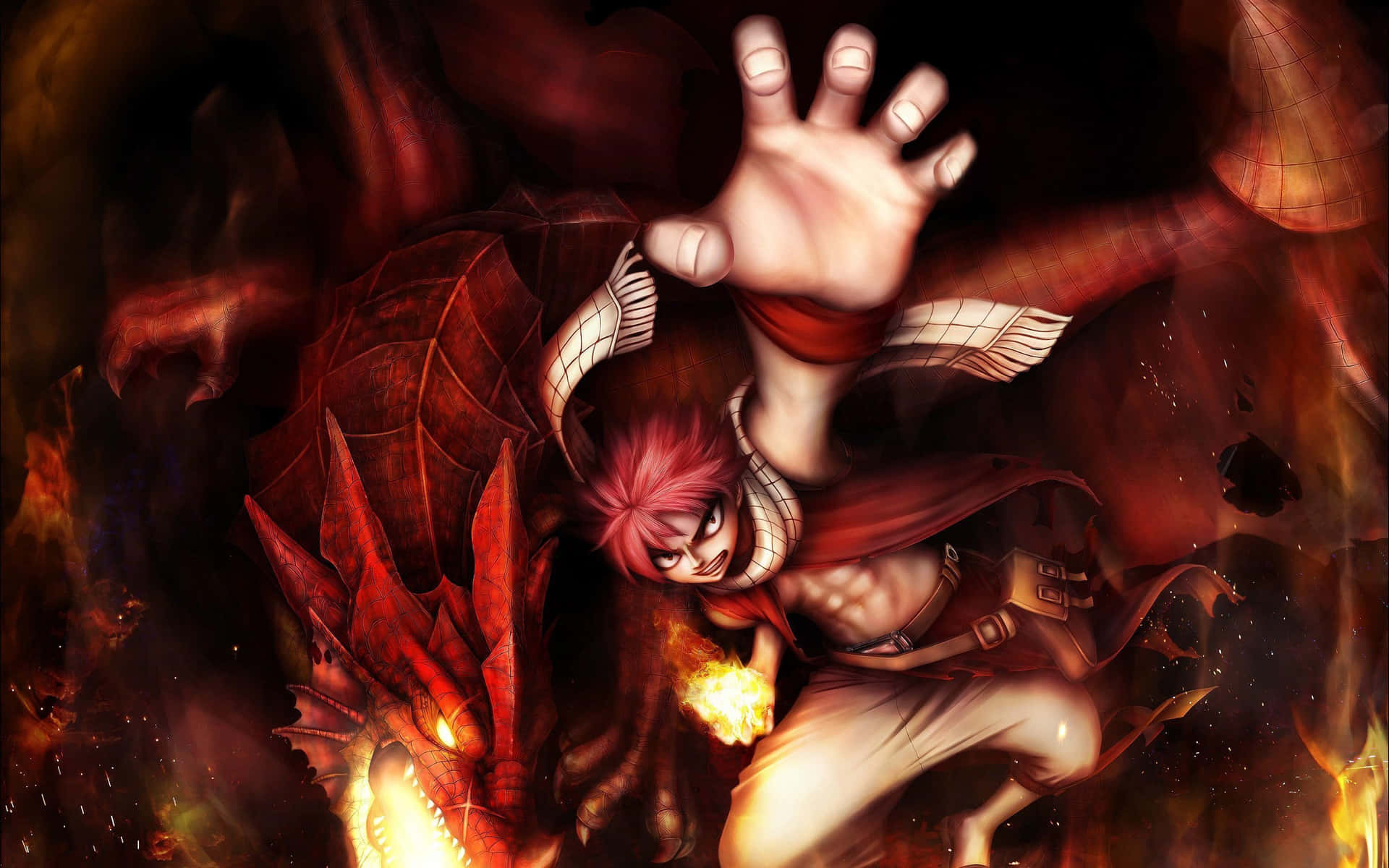 natsu dragneel 桌布 壁紙 — 一位火紅頭髮的動漫戰士挑釁地跪著，一條龍猛撲過來，火焰在他們周圍爆發，形成一個戲劇性的戰鬥場景。