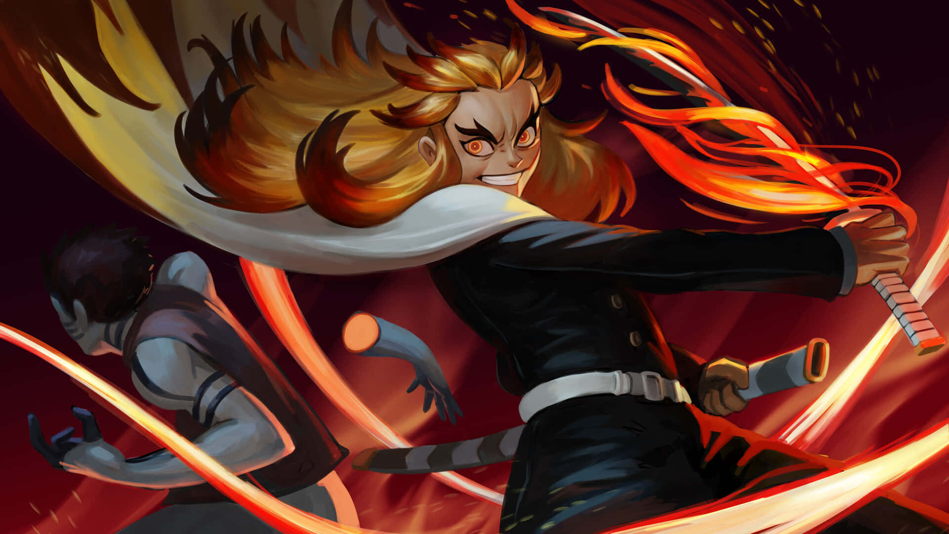 Rengoku Vs Akaza 桌布 壁紙 — 一位火紅頭髮的動漫戰士揮舞著發光的劍，而對手在背景中退縮。