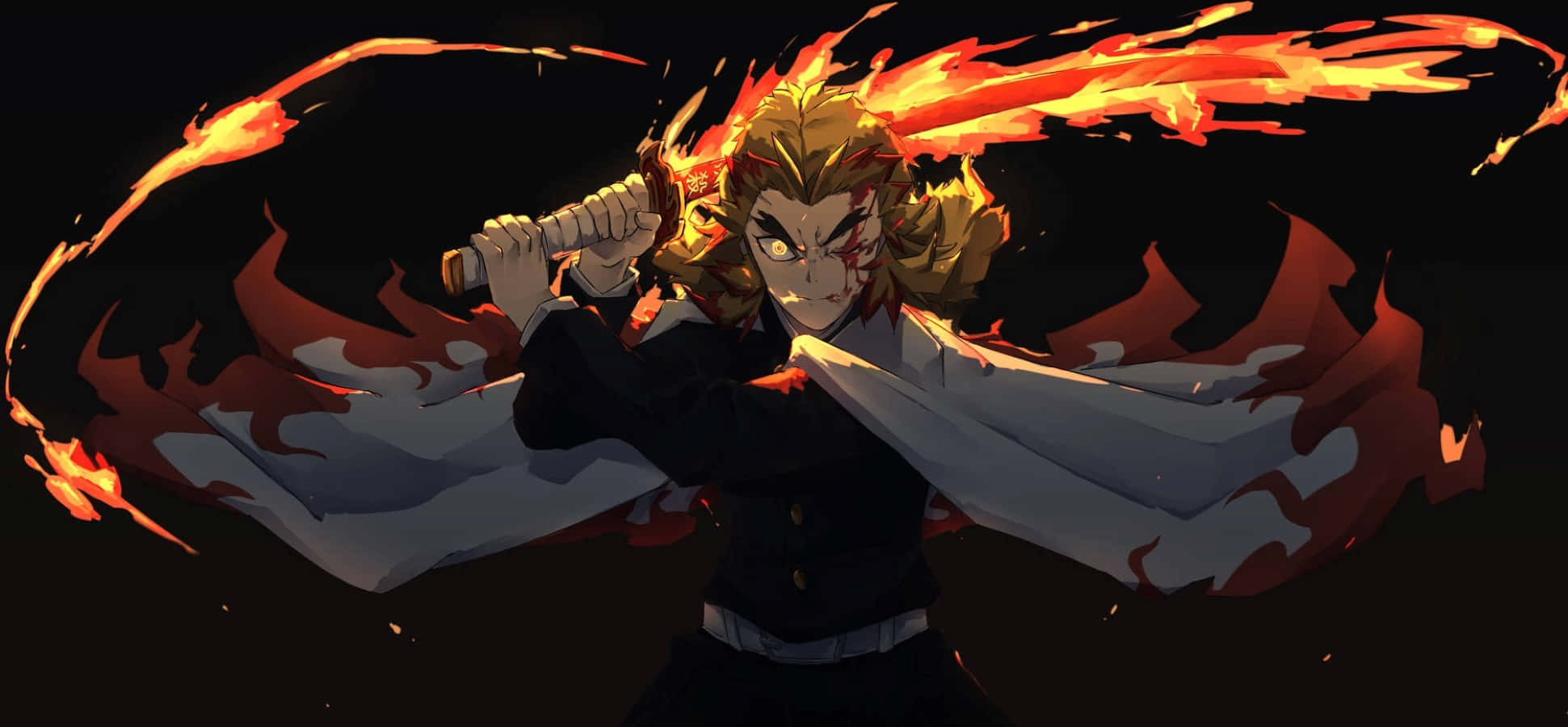 Rengoku Sword 桌布 壁紙 — 一位火紅頭髮的動漫戰士穿著黑色制服，在黑暗背景中揮舞著一把周圍環繞著火焰的劍。
