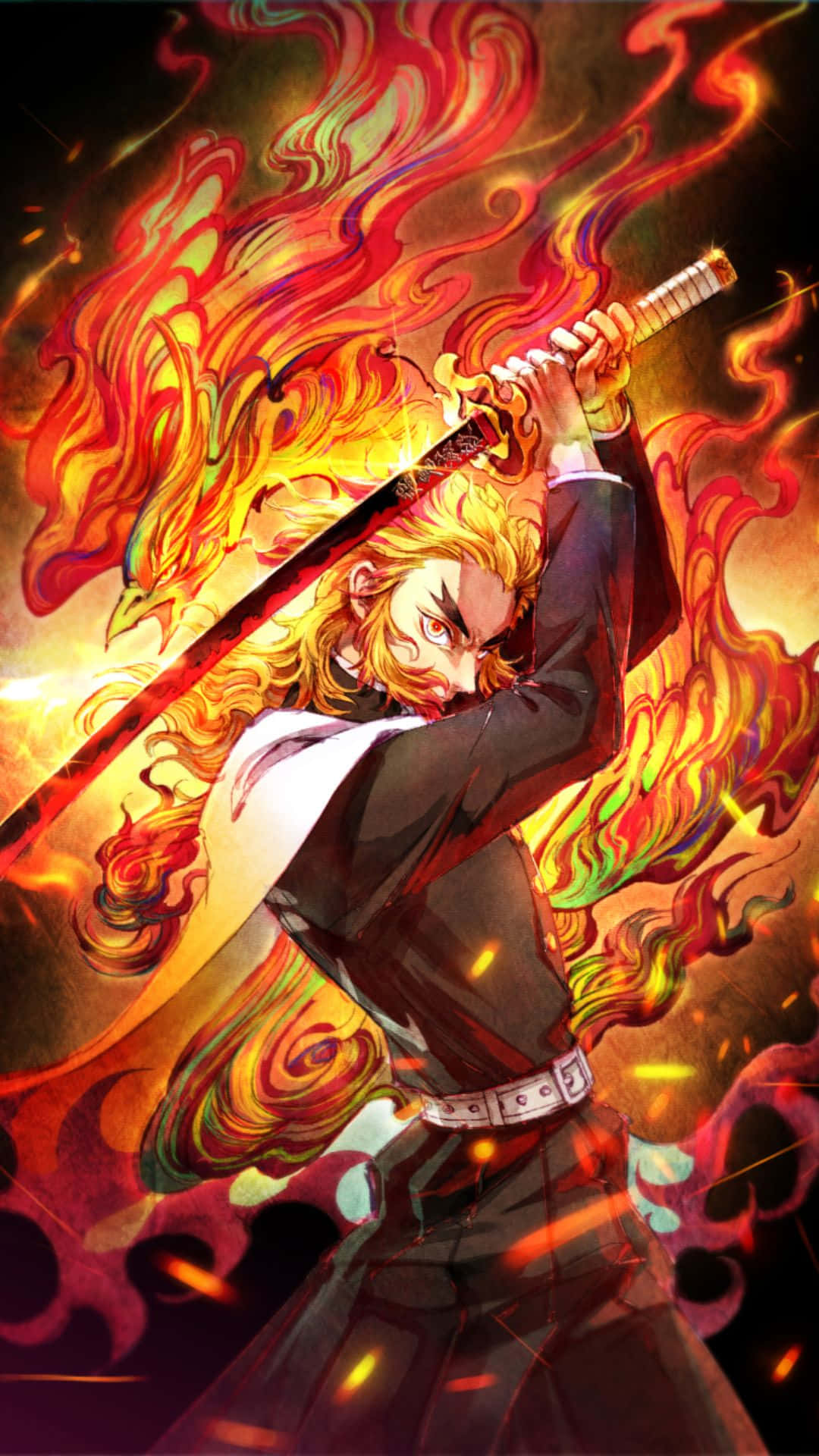 Rengoku Aesthetic 桌布 壁紙 — 一位火紅頭髮的動漫戰士舉起發光的劍，火焰在他周圍旋轉，擺出動態的戰鬥姿勢。