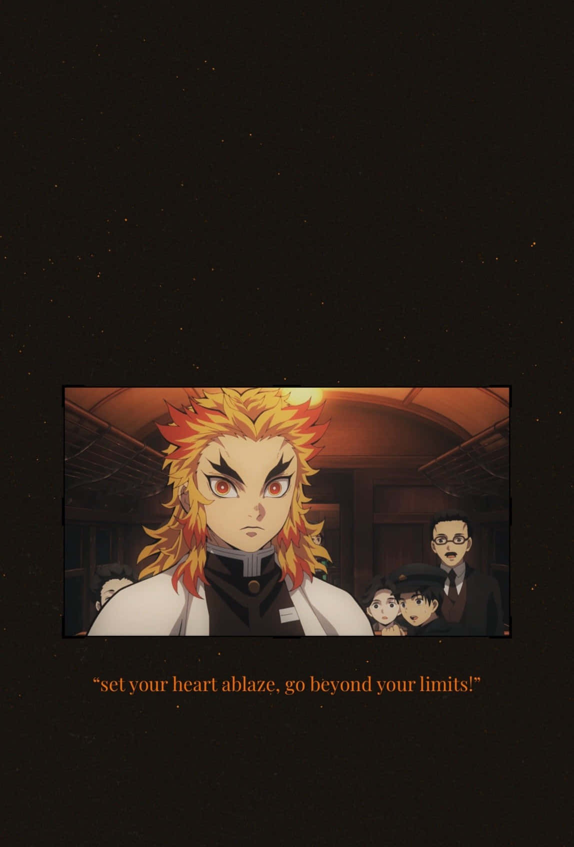 Rengoku Quotes 桌布 壁紙 — 一位火紅頭髮的動漫戰士身穿白色外套，在燈光昏暗的火車車廂中，眼神發光，表情堅定，挑釁地站立著。