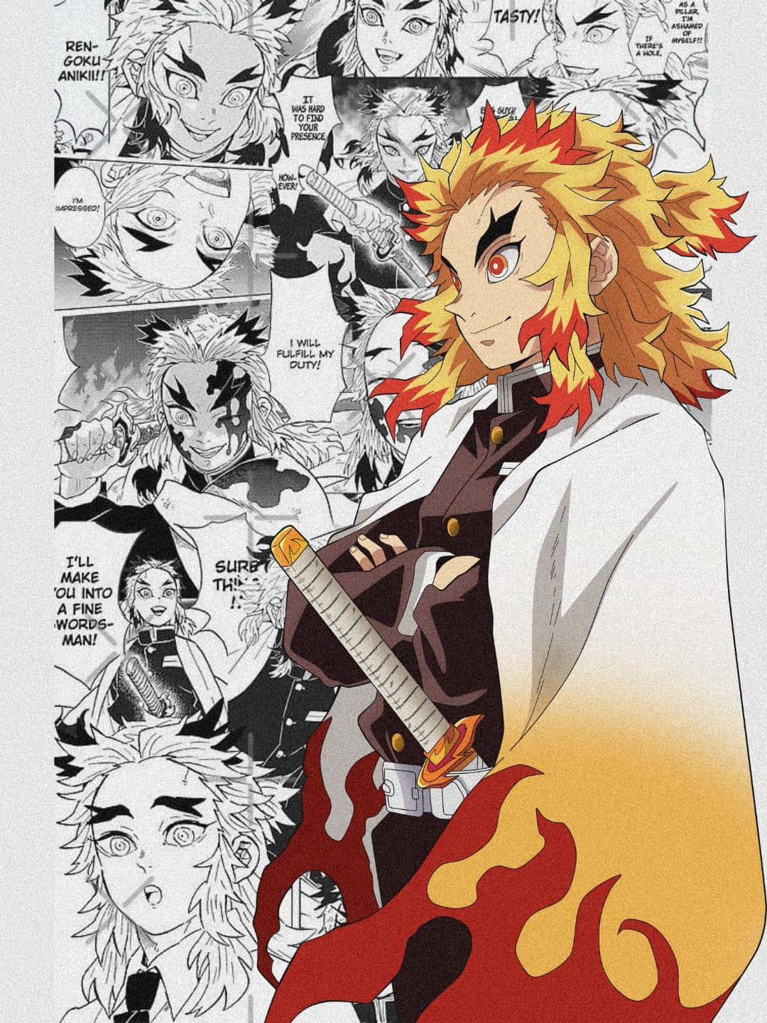 Rengoku Aesthetic 桌布 壁紙 — 一位火紅頭髮的動漫戰士身穿白色外套，自信地持劍站立，周圍是黑白漫畫面板，充滿強烈的表情和對話。