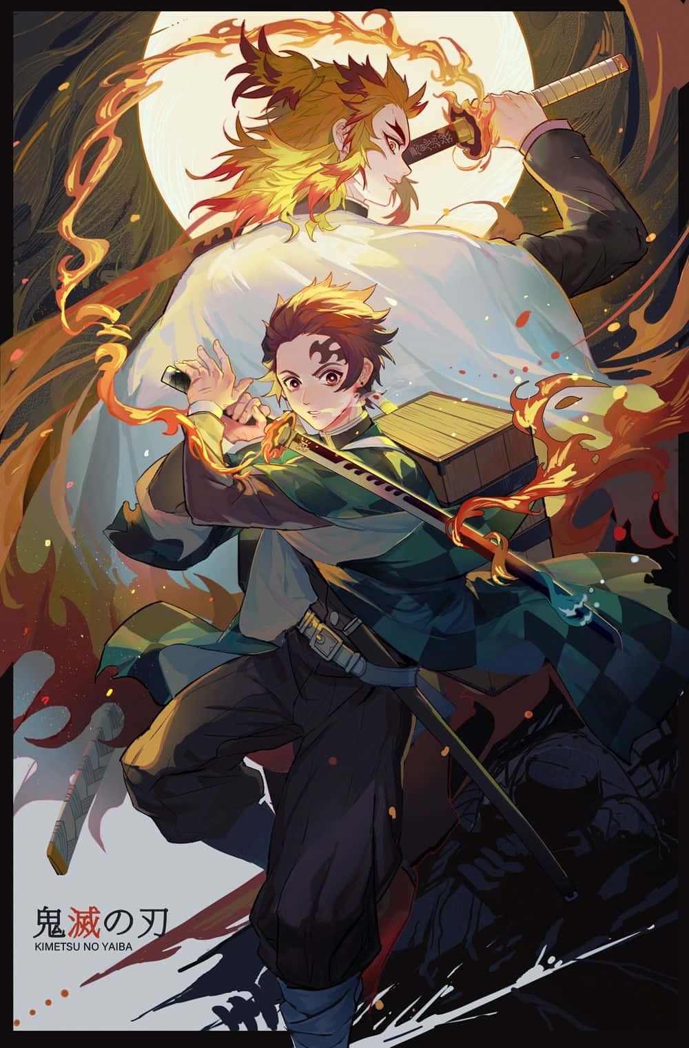 Rengoku And Tanjiro 桌布 壁紙 — 一位火紅頭髮的動漫戰士身穿綠色和服，在發光的月亮下與火焰惡魔交鋒。
