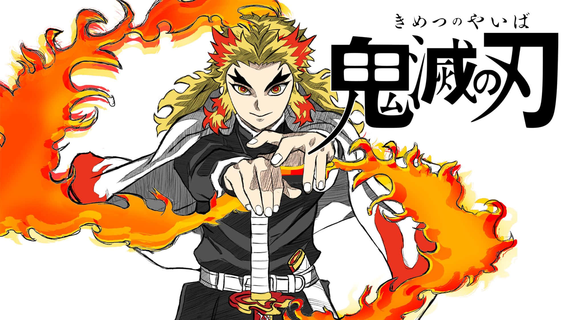 Rengoku Minimalist 桌布 壁紙 — 一位火紅頭髮的動漫戰士身穿黑色制服，在白色背景上握著一把火焰劍，並配有粗體日文字。