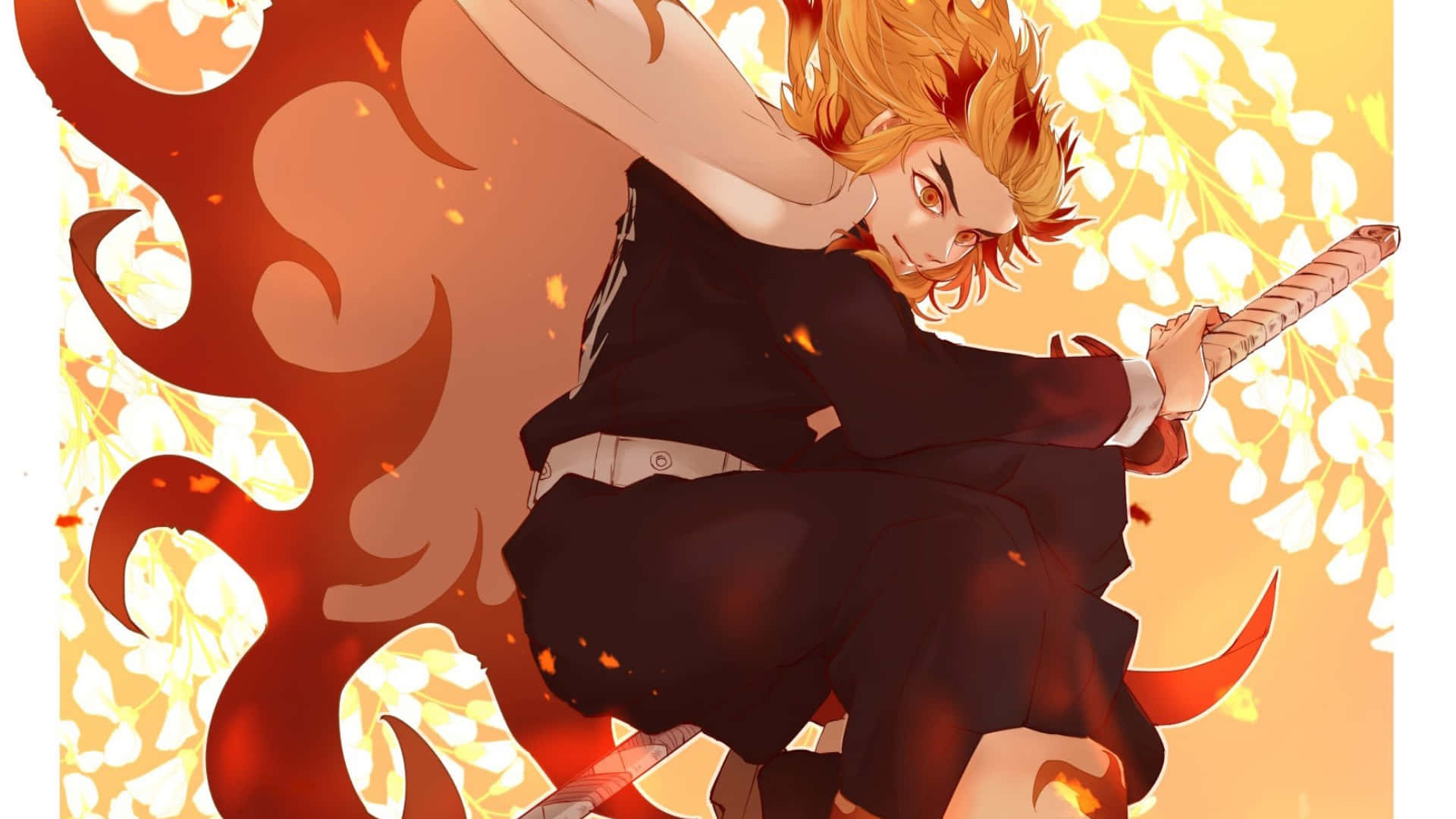Rengoku Sword 桌布 壁紙 — 一位火紅頭髮的動漫戰士身穿黑色裝備，在旋轉的火焰和發光的櫻花中揮劍斬擊。