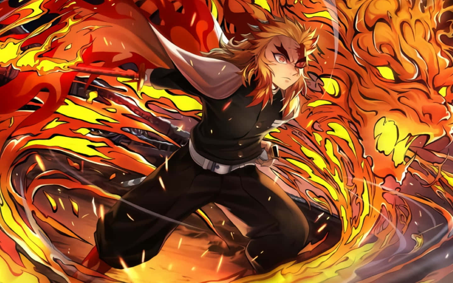 Rengoku Sword 桌布 壁紙 — 一位火紅頭髮的動漫戰士身穿黑色裝備，在旋轉的橙色和黃色火焰中與咆哮的火龍戰鬥。