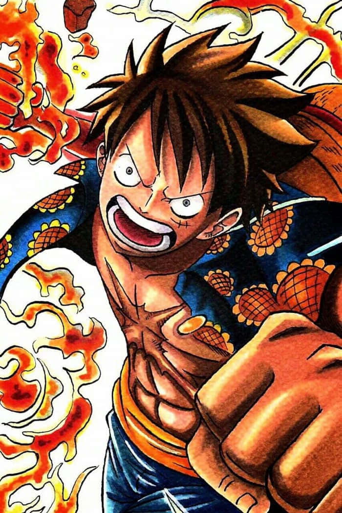 Dressrosa 桌布 壁紙 — 一位火紅頭髮的動漫英雄緊握拳頭咆哮，被爆炸性的橙色火焰和動態動作線包圍。