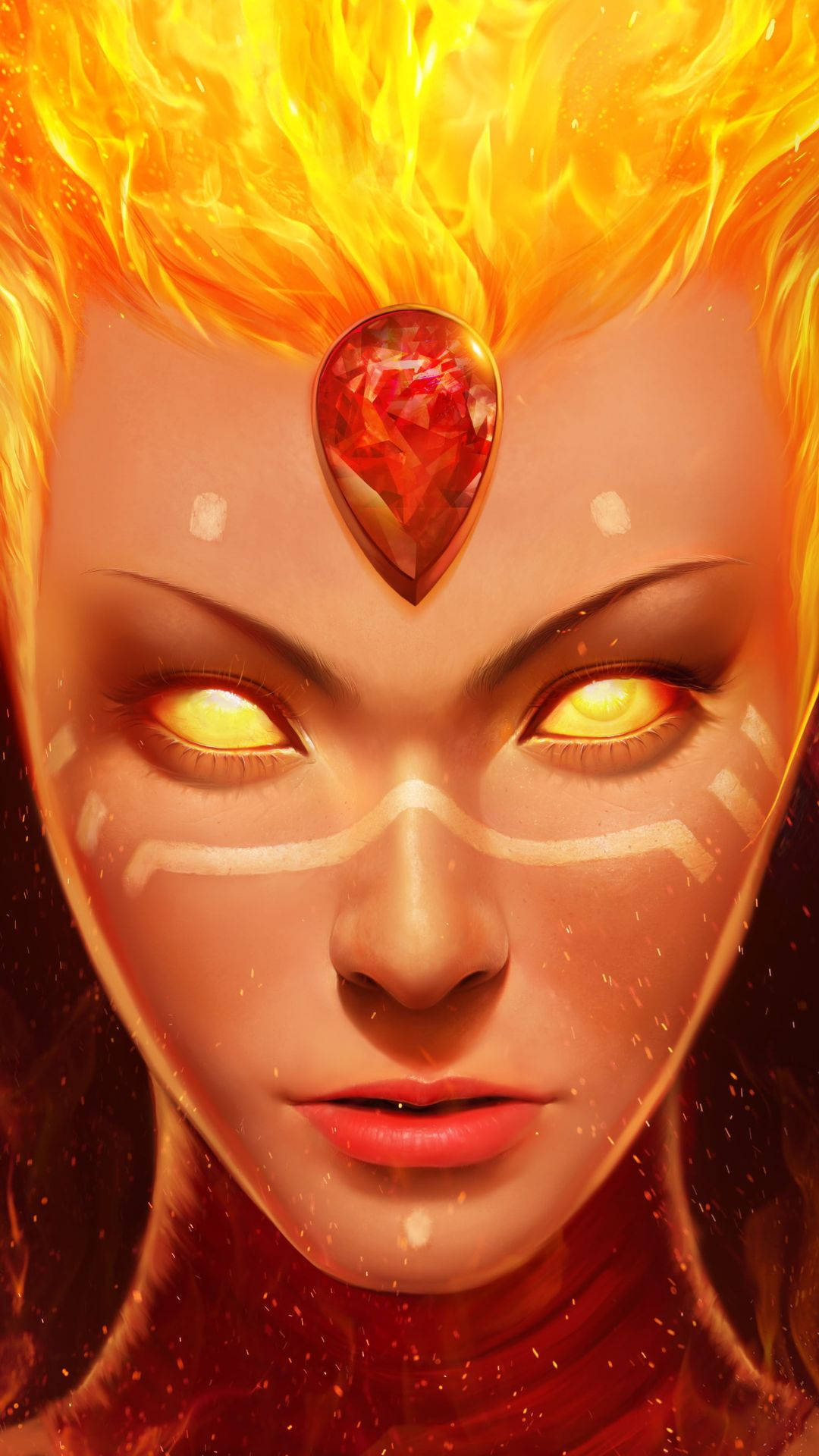 dota 2 iPhone 桌布 壁紙 — 一位火紅頭髮的女子，擁有發光的黃色眼睛和額頭上的紅色寶石，散發出強烈的熱量和力量。