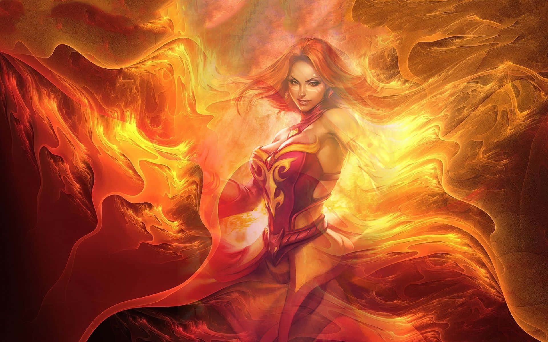 Dota 2 Lina 桌布 壁紙 — 一位火紅頭髮的女性身穿紅色盔甲，站在旋轉的火焰中，雙眼發出強烈的光芒。