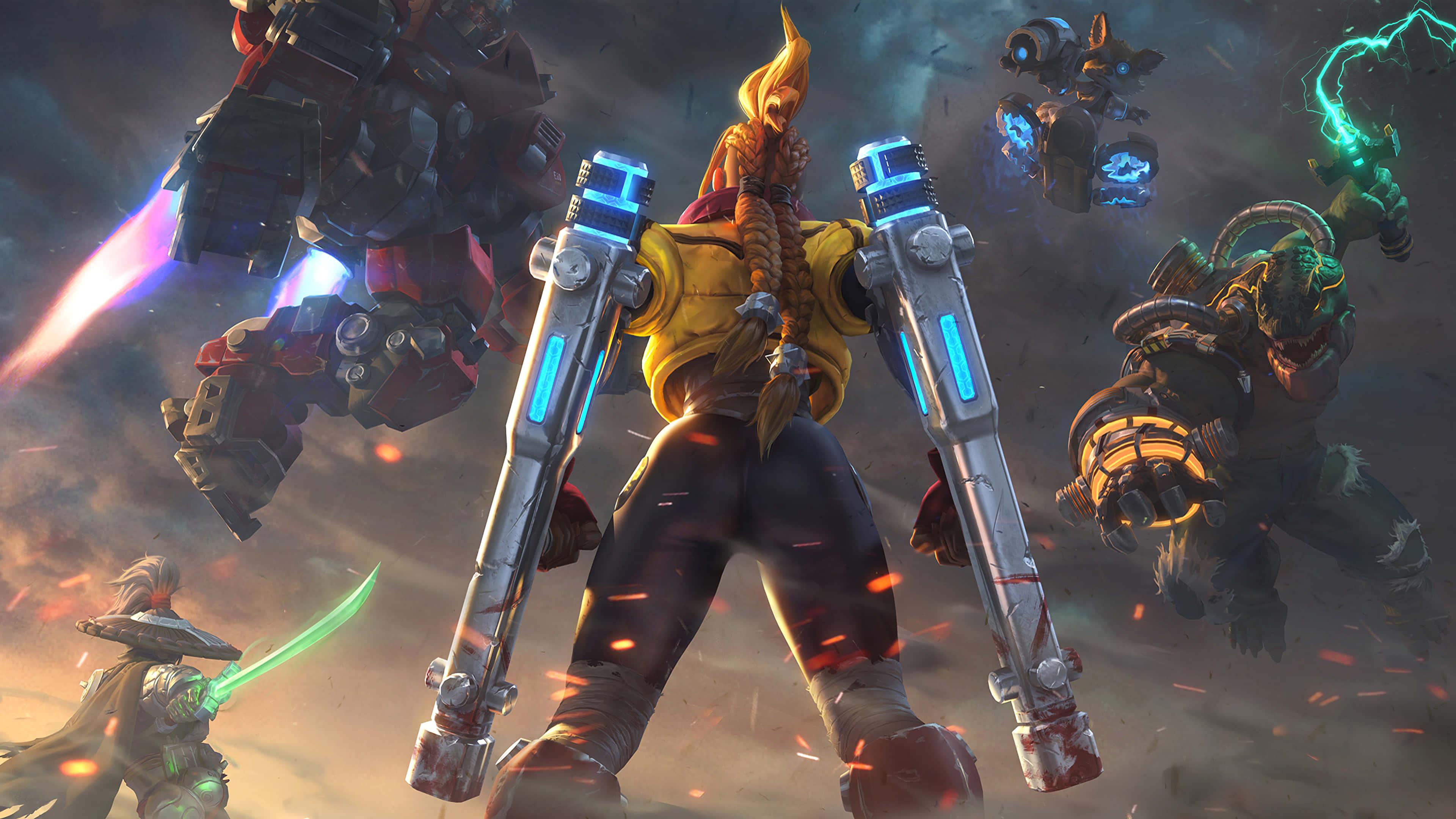 Moba Games 桌布 壁紙 — 一位火紅頭髮的戰士在煙霧瀰漫的戰場上，於與機械人和怪物敵人的混亂戰鬥中揮舞著發光的藍色大砲。