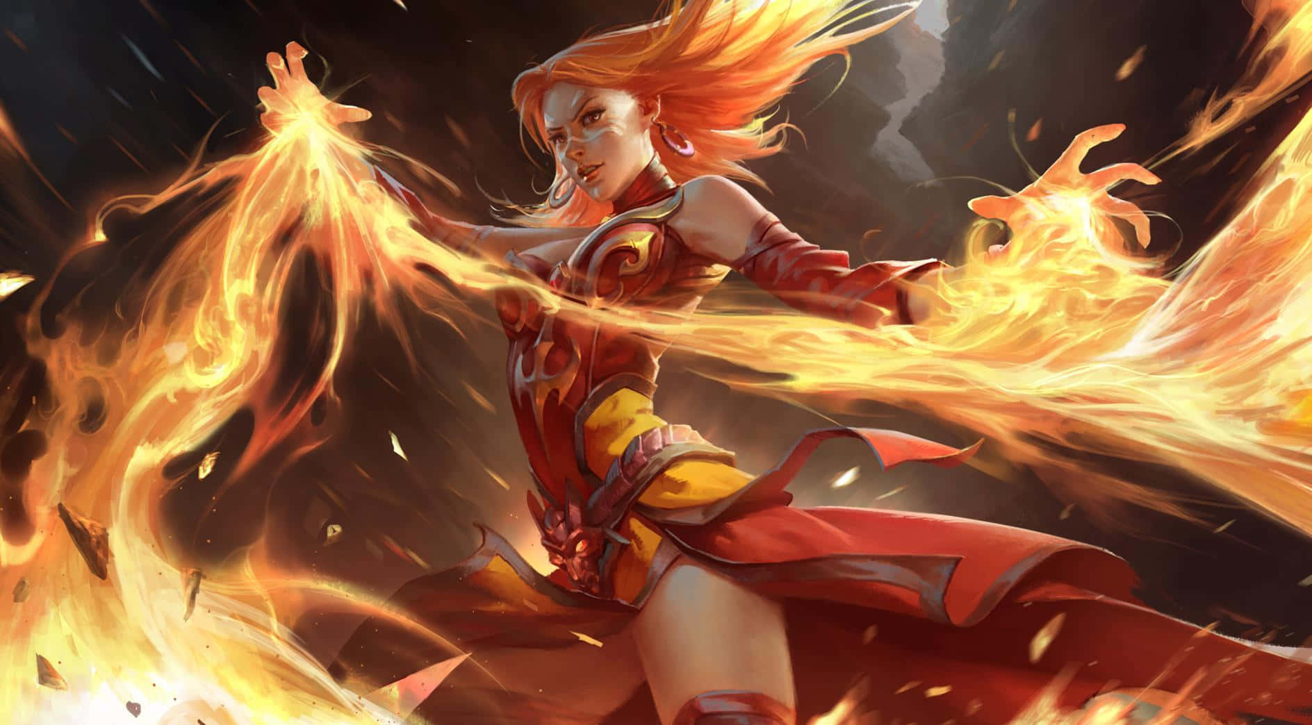 Dota 2 Lina 桌布 壁紙 — 一位火紅頭髮的戰士在黑暗暴風雨背景下，伸出雙手釋放烈焰能量。