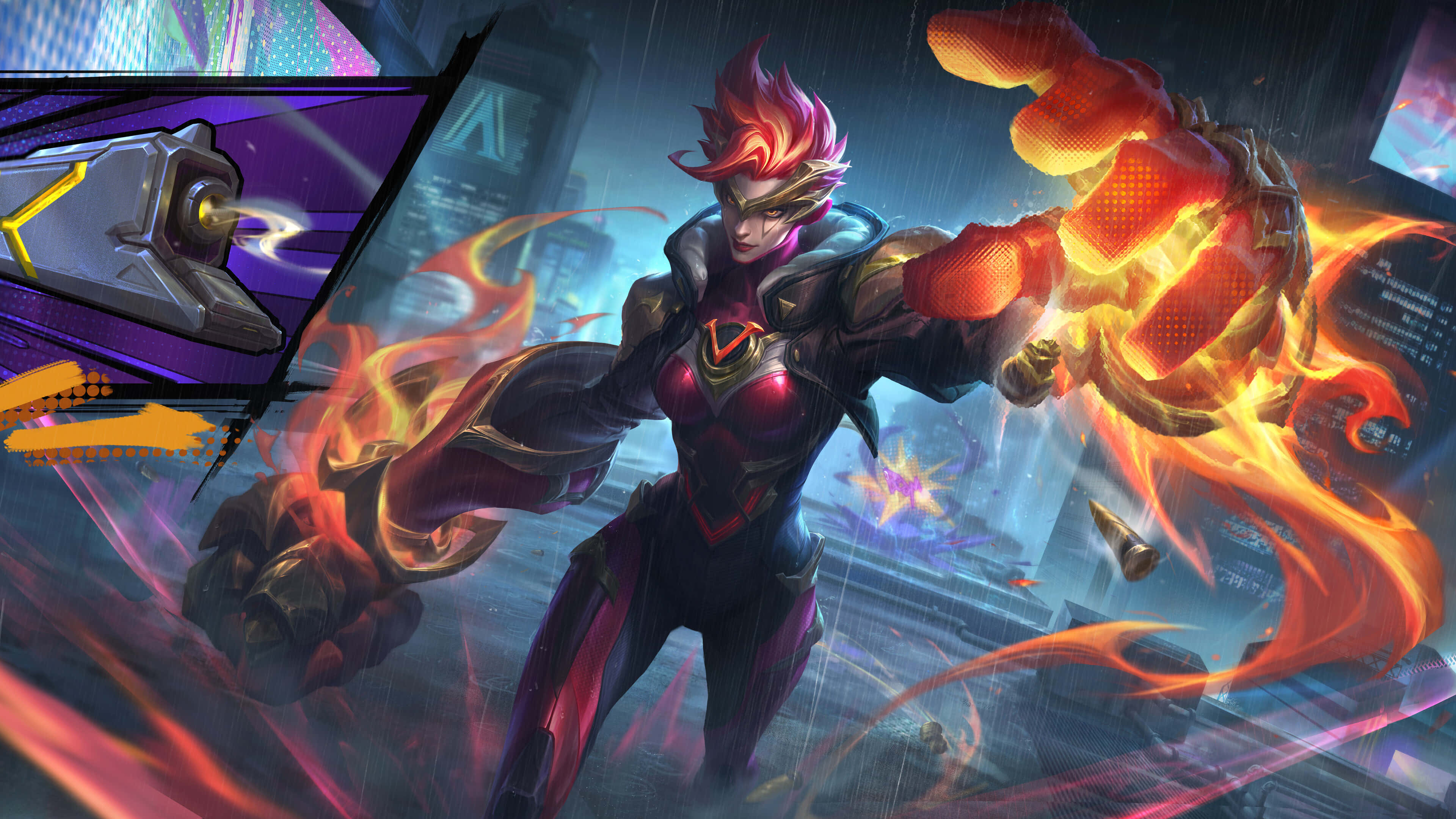 League Of Legends Champions 桌布 壁紙 — 一位火紅頭髮的戰士身穿深色西裝，在雨中對著霓虹燈閃爍的未來城市景觀釋放出熾熱的能量拳。