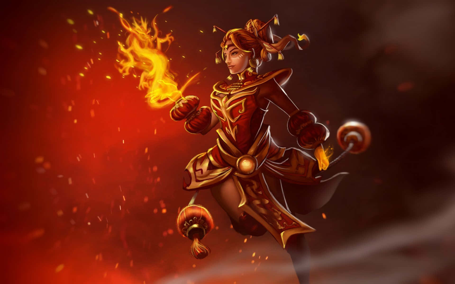 Dota 2 Lina 桌布 壁紙 — 一位火紅頭髮的戰士身穿華麗的紅金色盔甲，動態地跳躍，揮舞著火焰法杖，背景是發光的紅色。