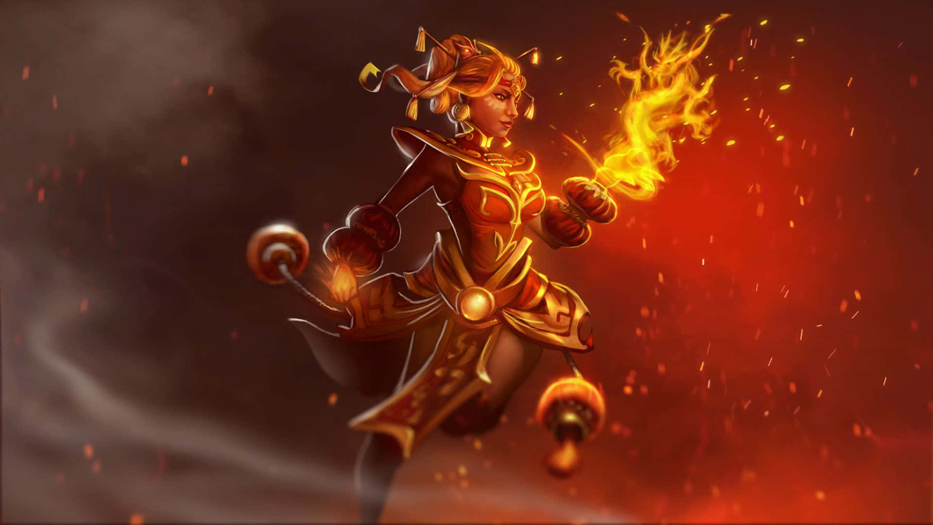 Dota 2 Lina 桌布 壁紙 — 一位火紅頭髮的戰士身穿華麗金色盔甲，雙手釋放熾熱能量，背景是煙霧彌漫的紅色。