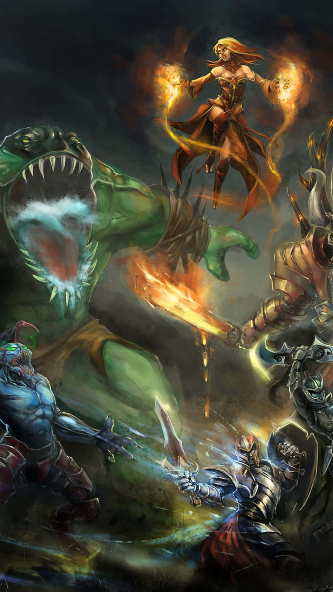 Dota 2 Heroes 桌布 壁紙 — 一位火紅頭髮的法師懸浮在一場混亂的戰鬥之上，對抗一個巨大的綠色怪物和身穿盔甲的戰士，呈現黑暗奇幻場景。