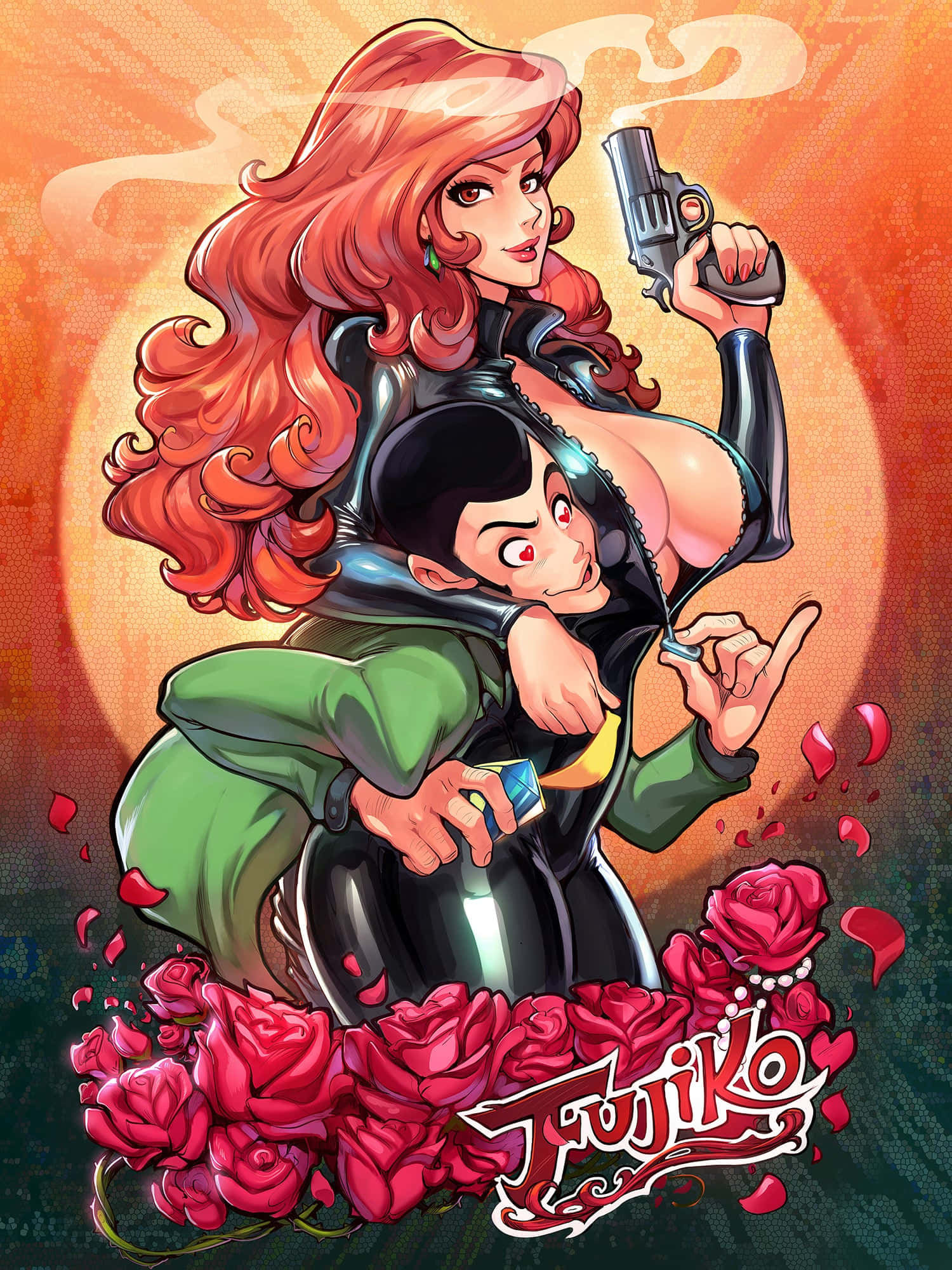 Mine Fujiko 桌布 壁紙 — 一位火紅頭髮的蛇蠍美人身穿黑色皮革服裝，手持槍支，在紅玫瑰瀑布中擁抱一位穿著綠色夾克的驚慌男子。