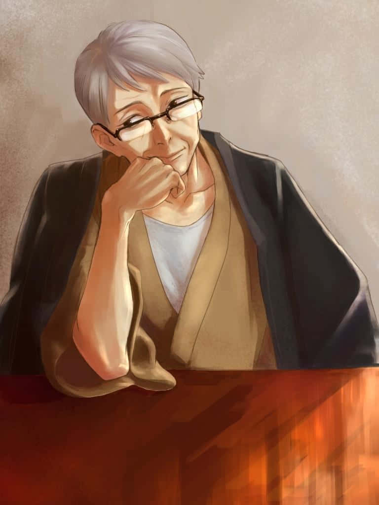 shouwa genroku rakugo shinjuu 桌布 壁紙 — 一位灰白頭髮、戴眼鏡的長者，坐在木桌旁，手托下巴，露出溫暖的笑容。