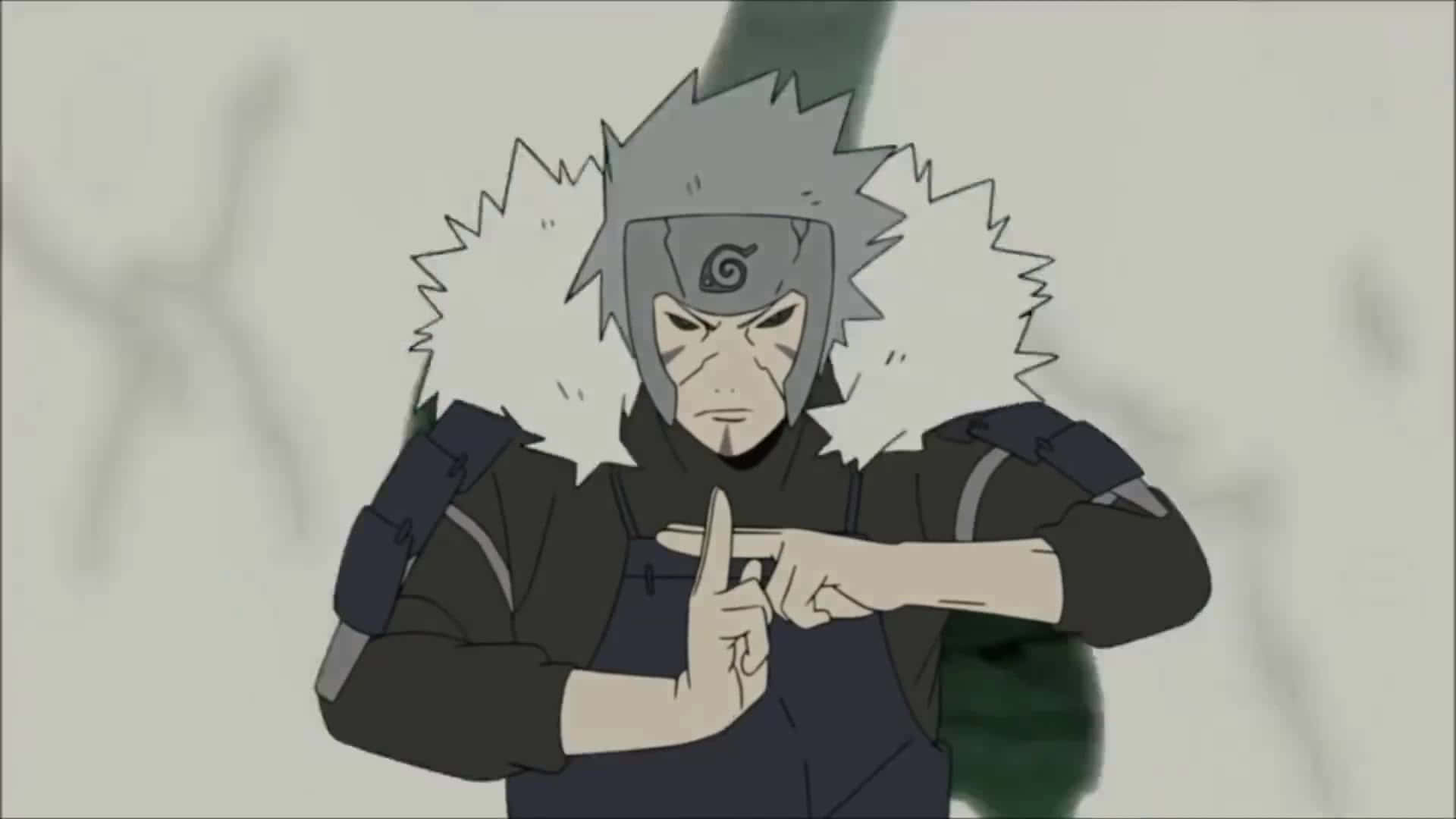 tobirama senju 桌布 壁紙 — 一位灰色刺蝟頭、披著毛領斗篷的動漫忍者，在柔和背景前結手印。