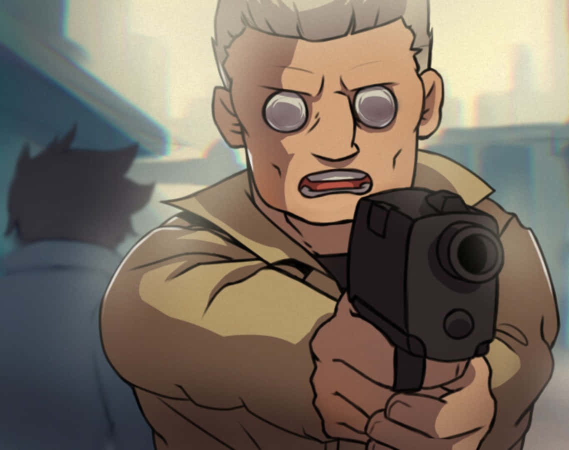 Ghost In The Shell Batou 桌布 壁紙 — 一位灰髮大眼的動漫男子，表情強烈地將黑色手槍指向前方。