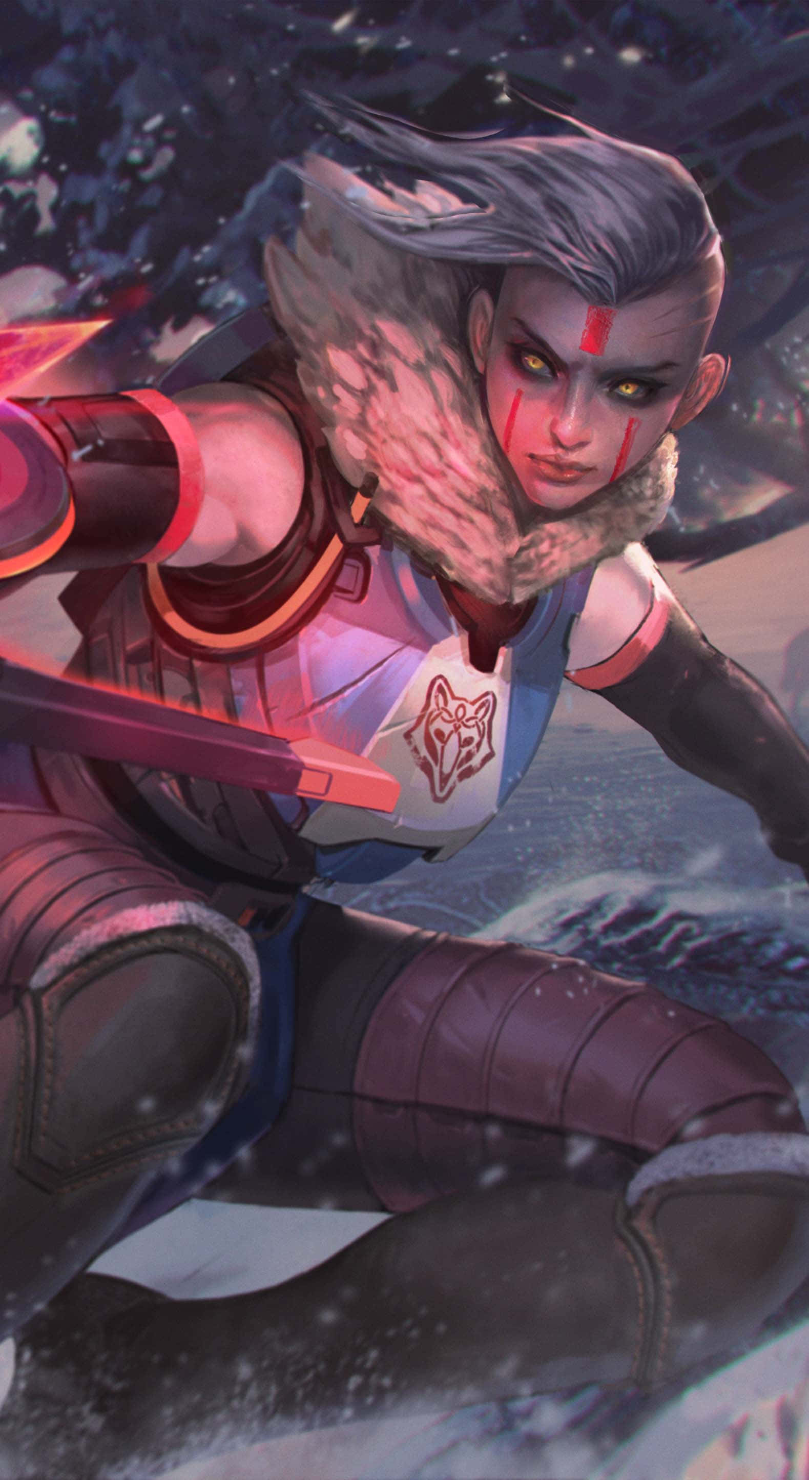 Vainglory 桌布 壁紙 — 一位灰髮紅紋的兇猛戰士在雪地中蹲伏，揮舞著發光的刀刃。