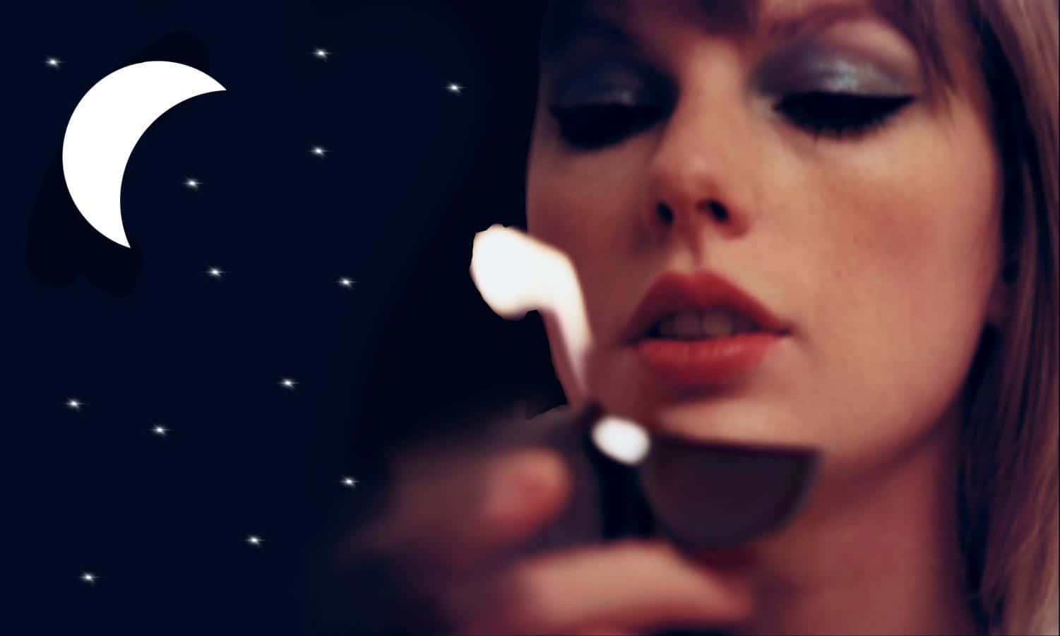 Taylor Swift 桌布 壁紙 — 一位煙熏眼妝的女性，在繁星點點的夜空下，手持點燃的香煙，背景有一彎新月。