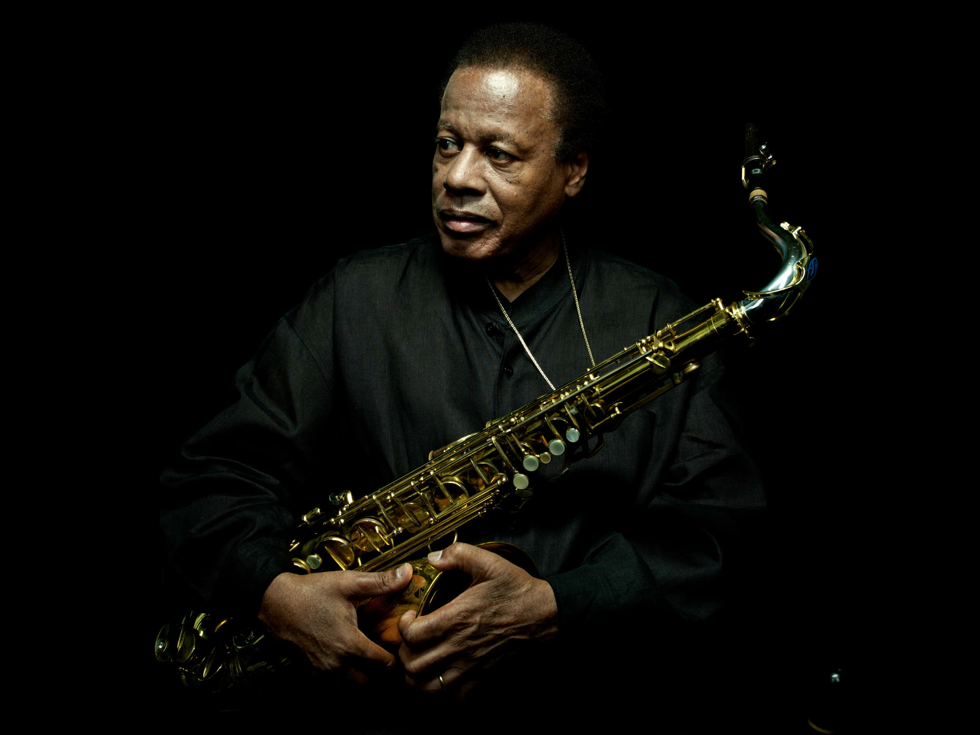 Wayne Shorter 桌布 壁紙 — 一位爵士樂手在純黑背景下手持金色色士風，臉上充滿專注的神情。