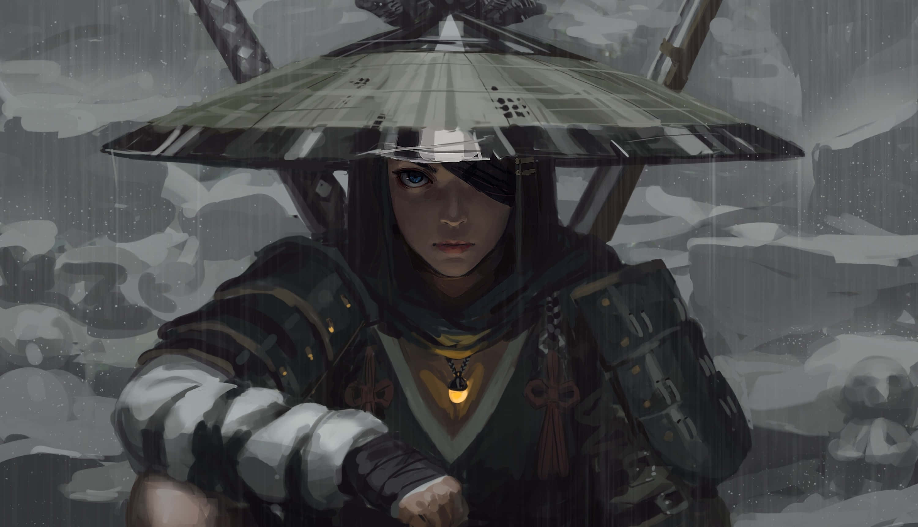 Ronin 桌布 壁紙 — 一位獨眼、戴著寬邊帽的武士戰士，在單色暴雨中堅定站立，發光的燈籠吊墜捕捉光線。
