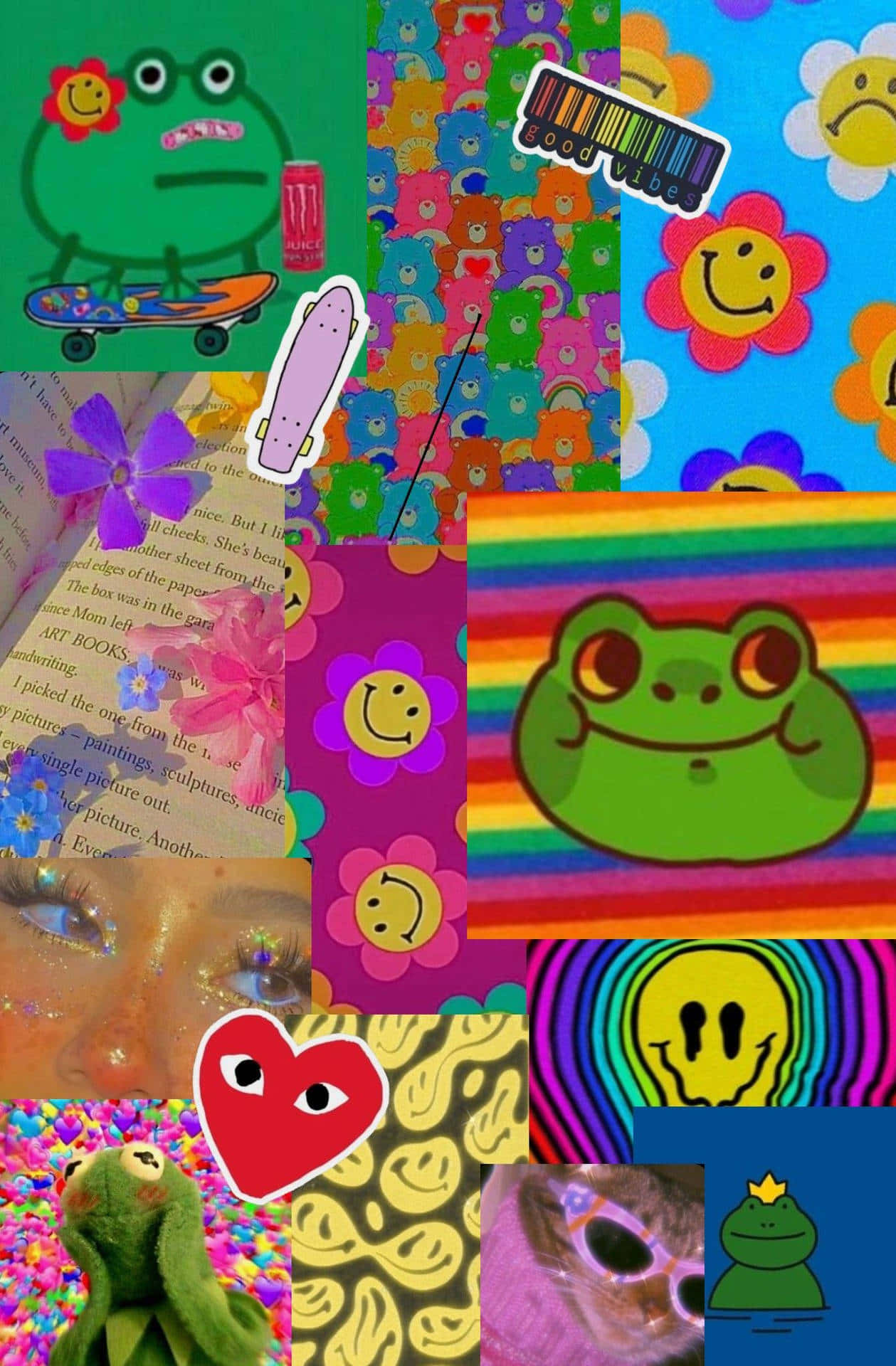 色彩繽紛的拼貼，有微笑青蛙、滑板和彩虹圖案。