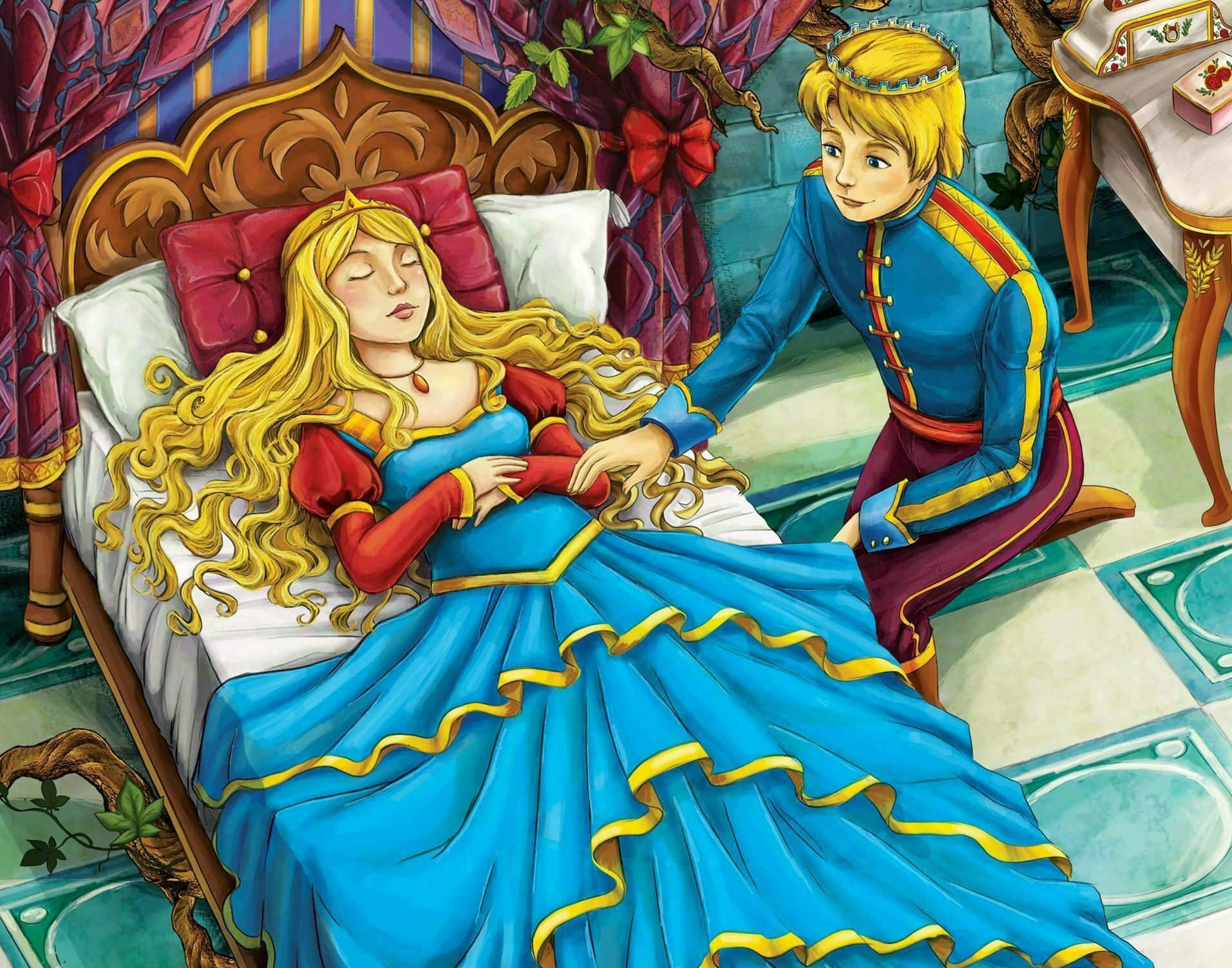 sleeping beauty 桌布 壁紙 — 一位王子輕柔地觸碰一位在帶有華麗窗簾和圖案地板的皇家床上沉睡的公主。