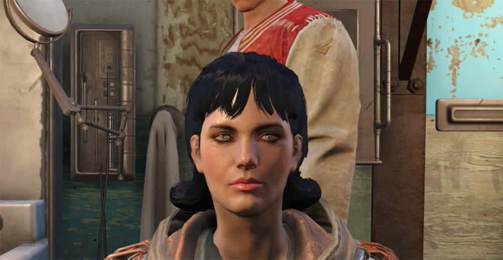 Fallout Characters 桌布 壁紙 — 一位留著深色波波頭的女性坐在一間破舊的醫療室裡，裡面有生鏽的管道和一盞復古燈。
