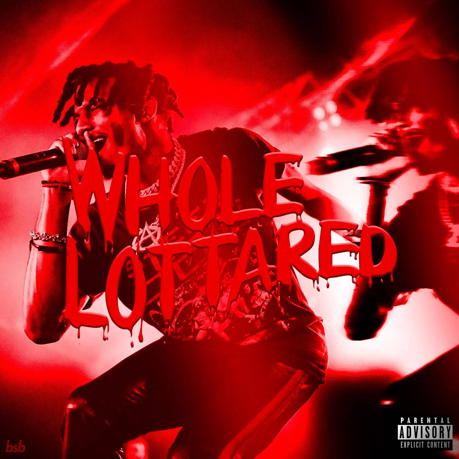 Whole Lotta Bloody Red 壁紙 — 一位留著辮子的說唱歌手在紅色舞台燈光下激烈表演，胸前有滴落的血紅色文字寫著「WHOLE LOTTA RED」。