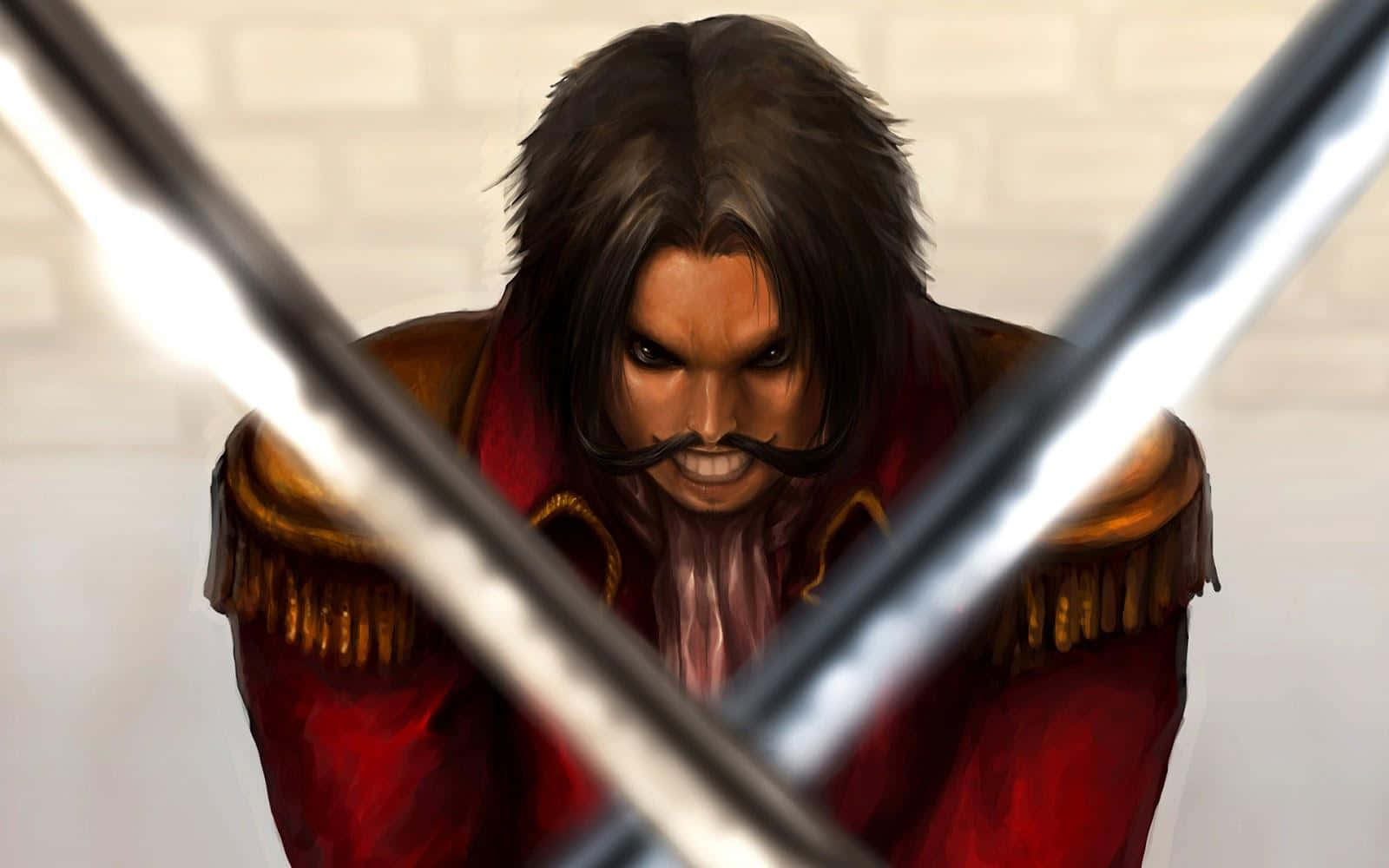 King Of The Pirates 桌布 壁紙 — 一位留著鬍子、身穿紅色外套的兇猛動漫戰士，在緊張的對峙中握緊交叉的劍。