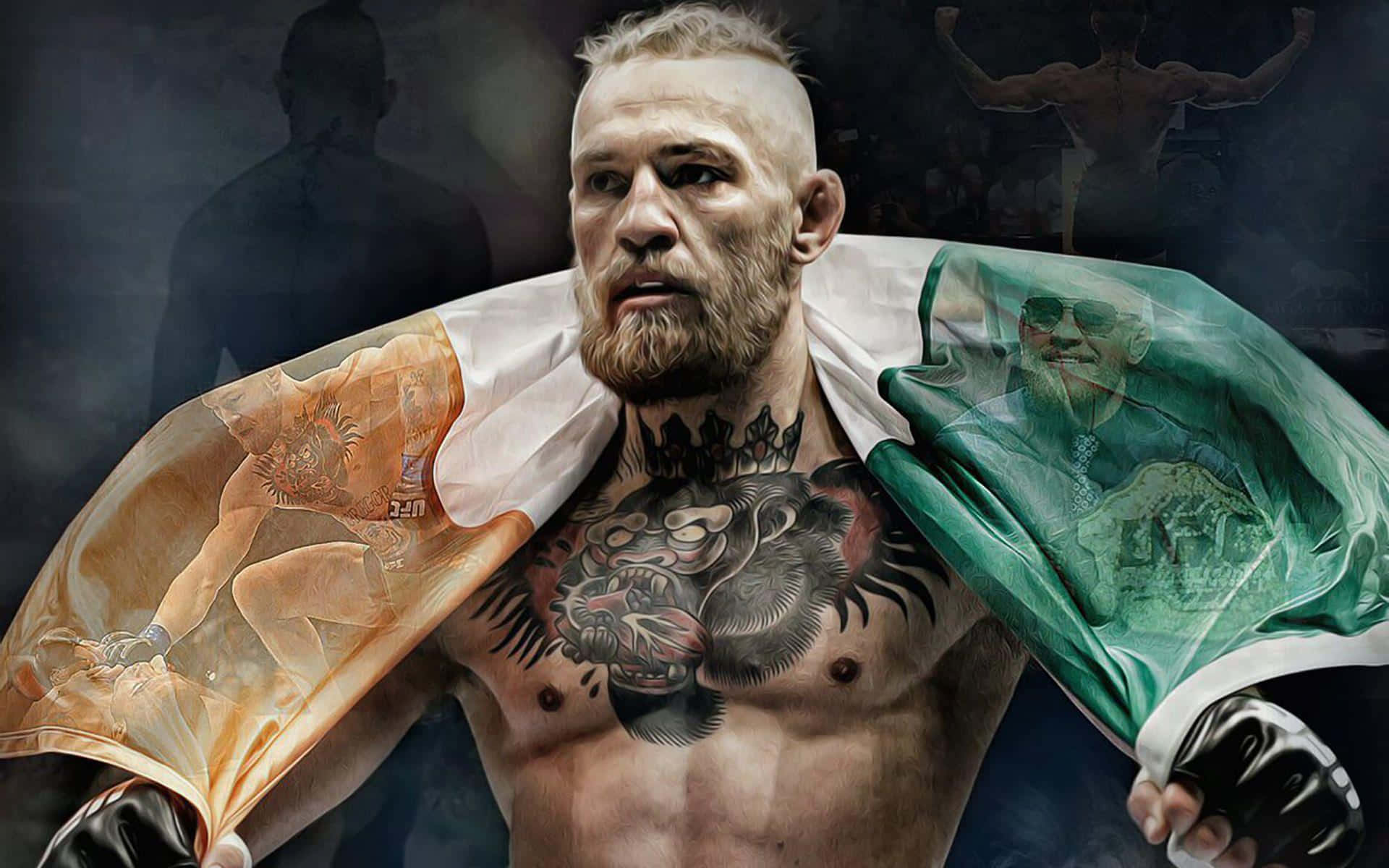 UFC 桌布 壁紙 — 一位留著鬍鬚、胸前有紋身、披著愛爾蘭國旗的肌肉發達的戰士，在煙霧瀰漫的競技場中挑釁地站立。
