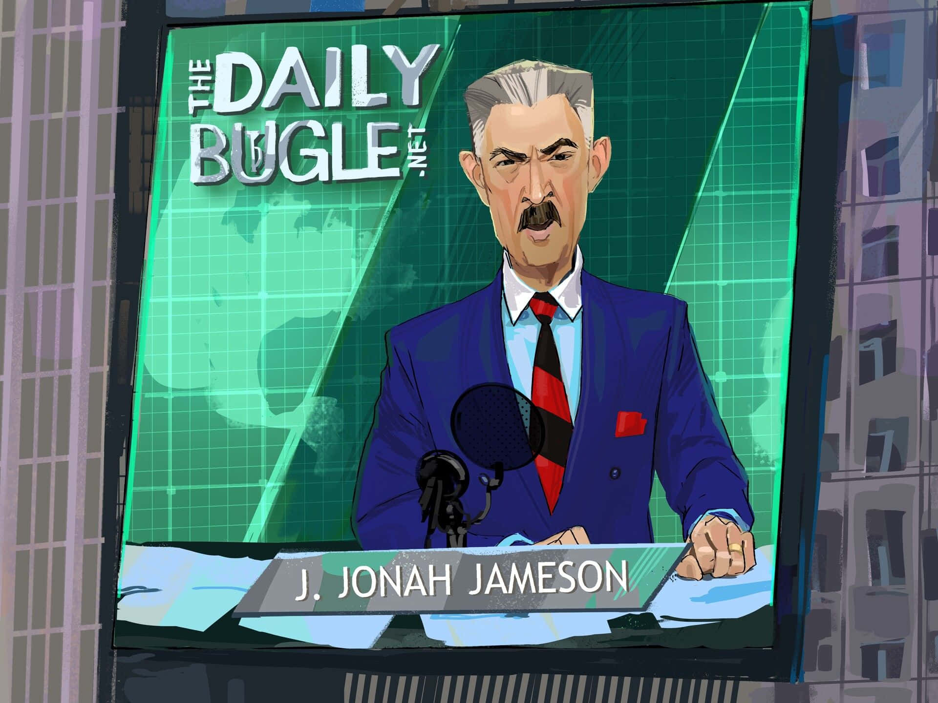 J Jonah Jameson 桌布 壁紙 — 一位留鬍子、身穿藍色西裝的卡通新聞主播，坐在城市景觀中一個巨大廣告牌上的桌子旁。