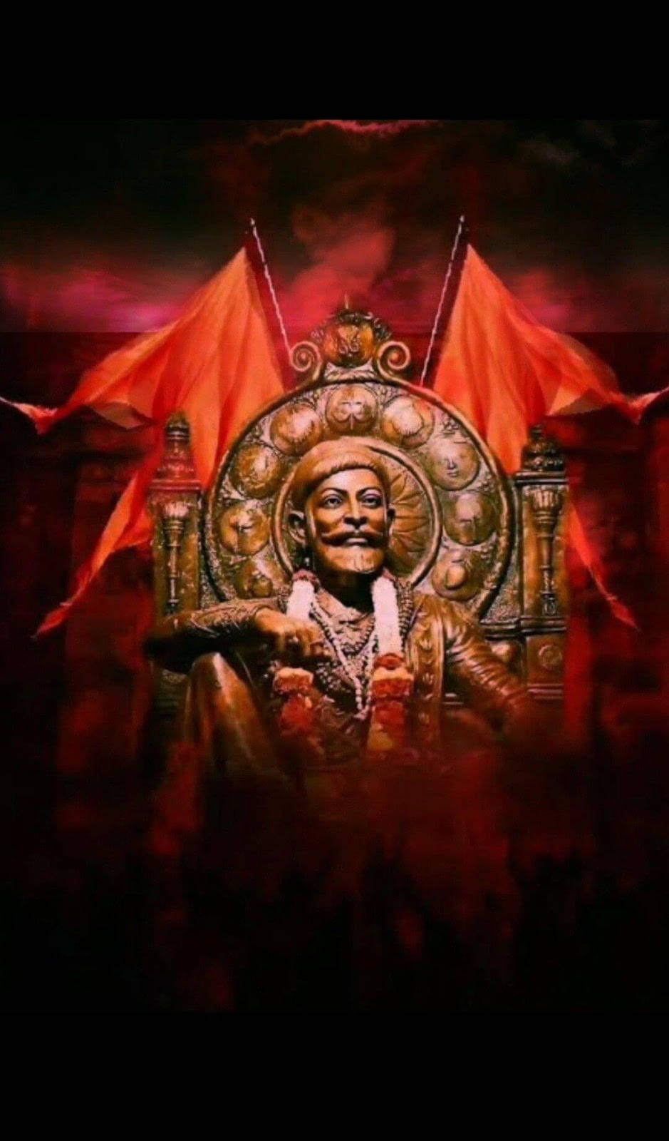 Indian 桌布 壁紙 — 一位留鬍子的威嚴人物坐在華麗的金色寶座上，兩旁是紅色旗幟，背景是黑暗陰沉的天空。