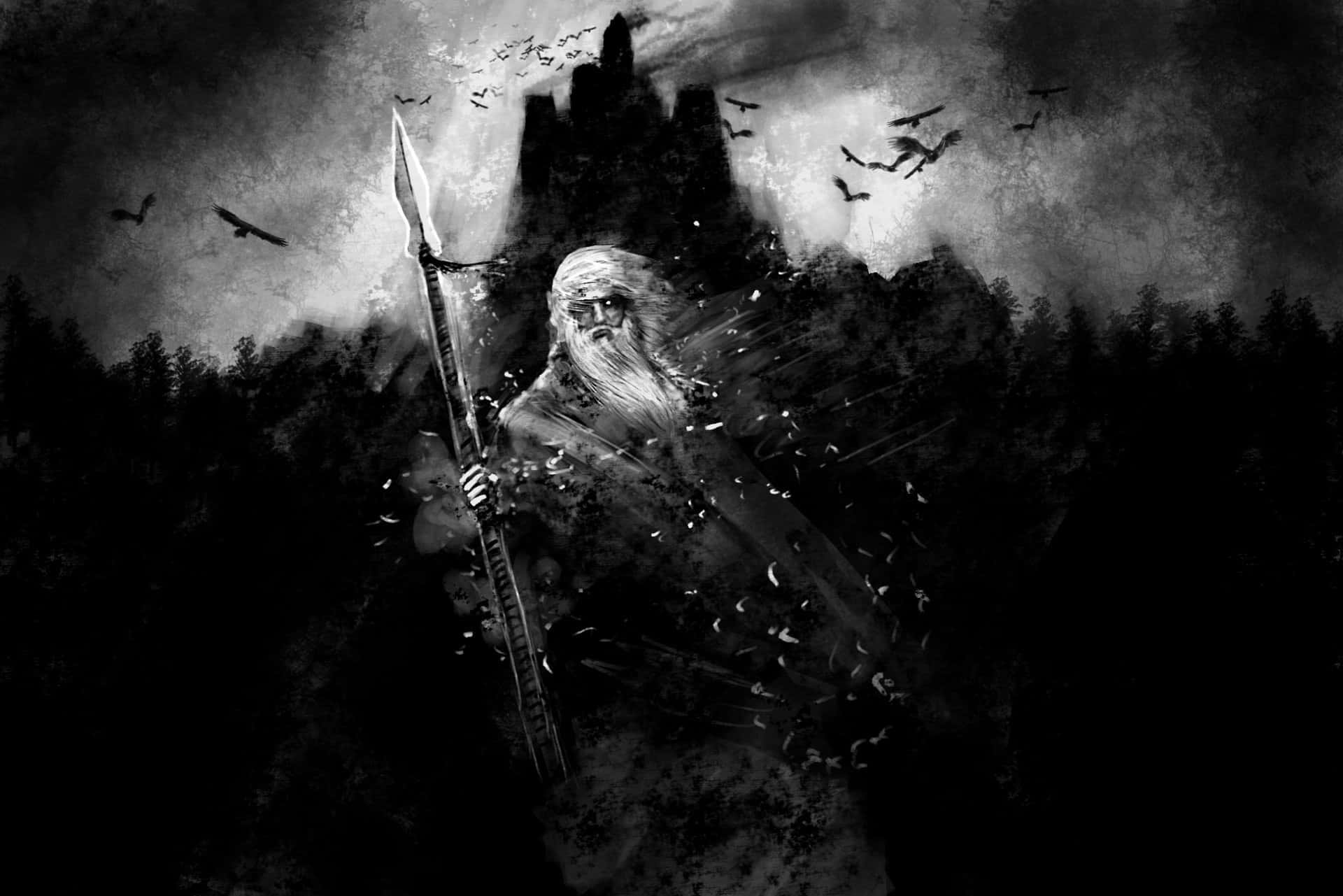 Pagan 桌布 壁紙 — 一位留鬍子的戰士手持長矛，挑釁地站在黑暗城堡前，蝙蝠在暴風雨的天空中飛翔。
