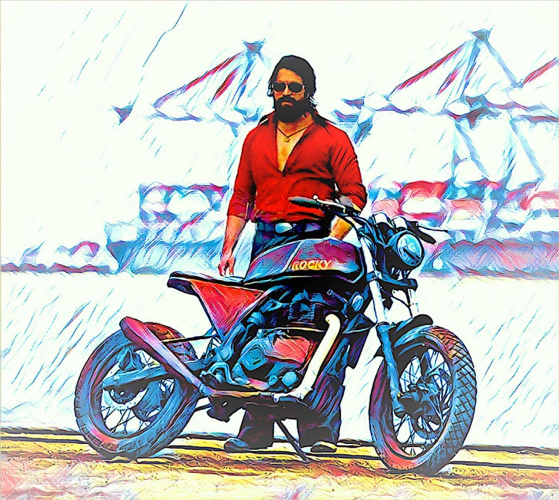 Picsart 桌布 壁紙 — 一位留鬍鬚、身穿紅色襯衫的男子，在一個有帳篷的風格化天空下，自信地站在一輛訂製的藍色電單車旁邊。