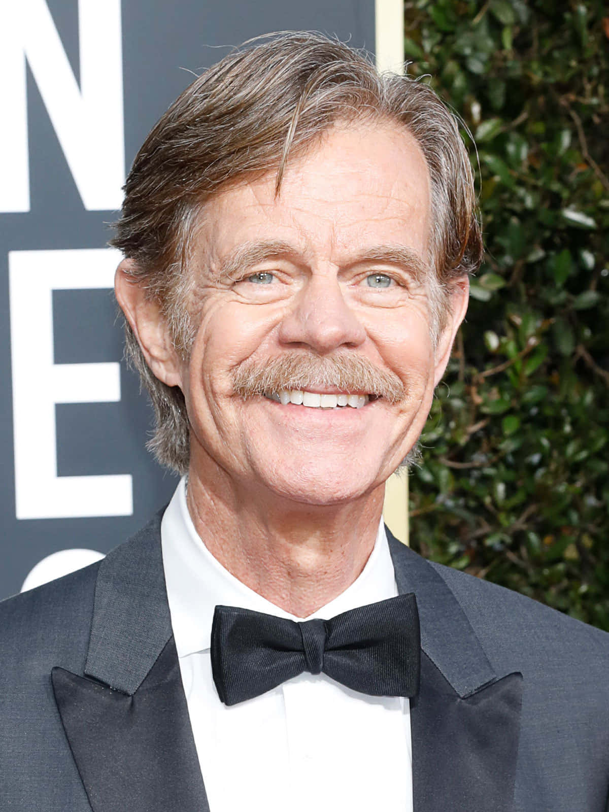william h. macy 桌布 壁紙 — 一位留鬍鬚、面帶微笑的男士穿著燕尾服，在紅地毯活動中，身後有綠植和標牌。