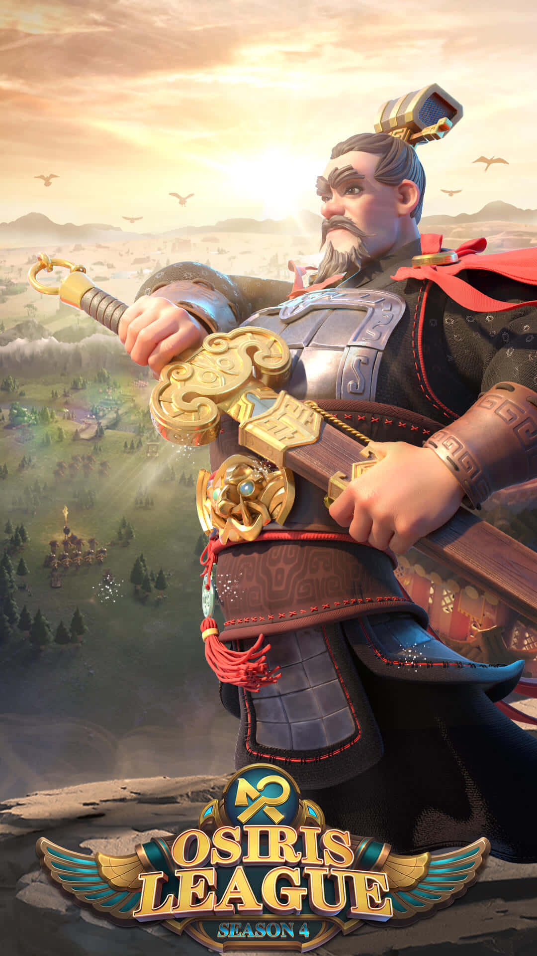 Kingdom 桌布 壁紙 — 一位留鬍鬚的戰士身穿華麗盔甲，手持金色劍，俯瞰著日落時分廣闊的奇幻景觀。