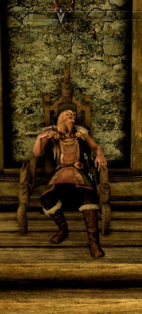 Jarl Balgruuf 桌布 壁紙 — 一位留鬍鬚的矮人國王威嚴地坐在雕刻木製王座上，身處一個有溫暖金色燈光的質樸石廳中。