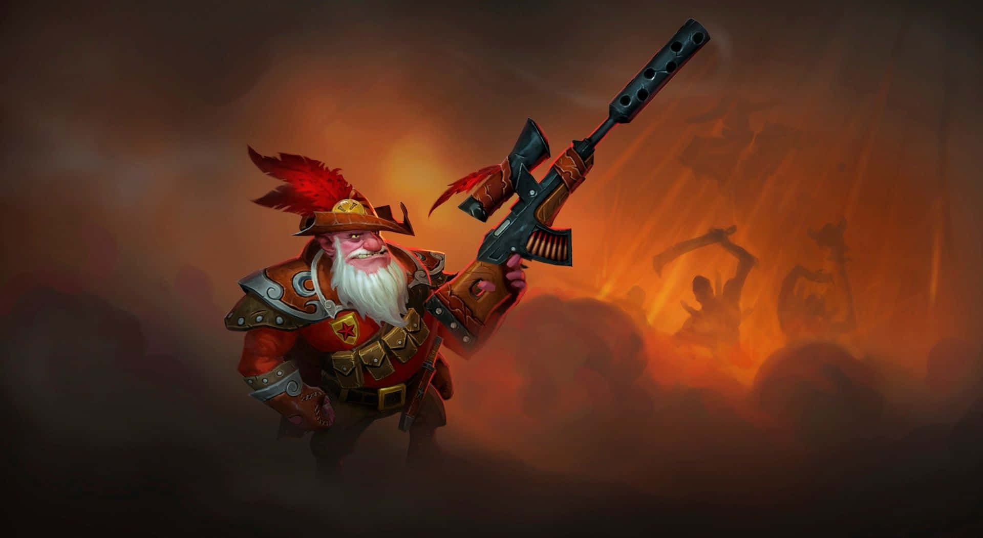 Dota 2 Sniper 桌布 壁紙 — 一位留鬍鬚的矮人戰士身穿華麗的紅色盔甲，在熾熱的橙色戰場背景下揮舞著一把未來步槍。